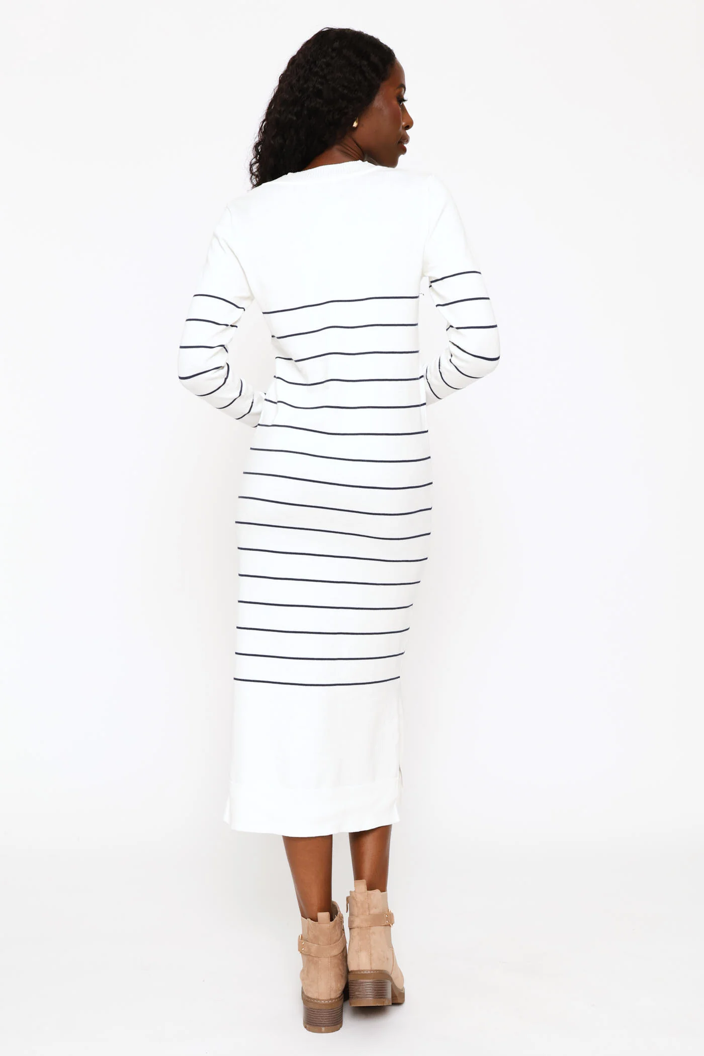 Long Sleeve Stripe Column Sweater Dress - White/Navy - Image 3