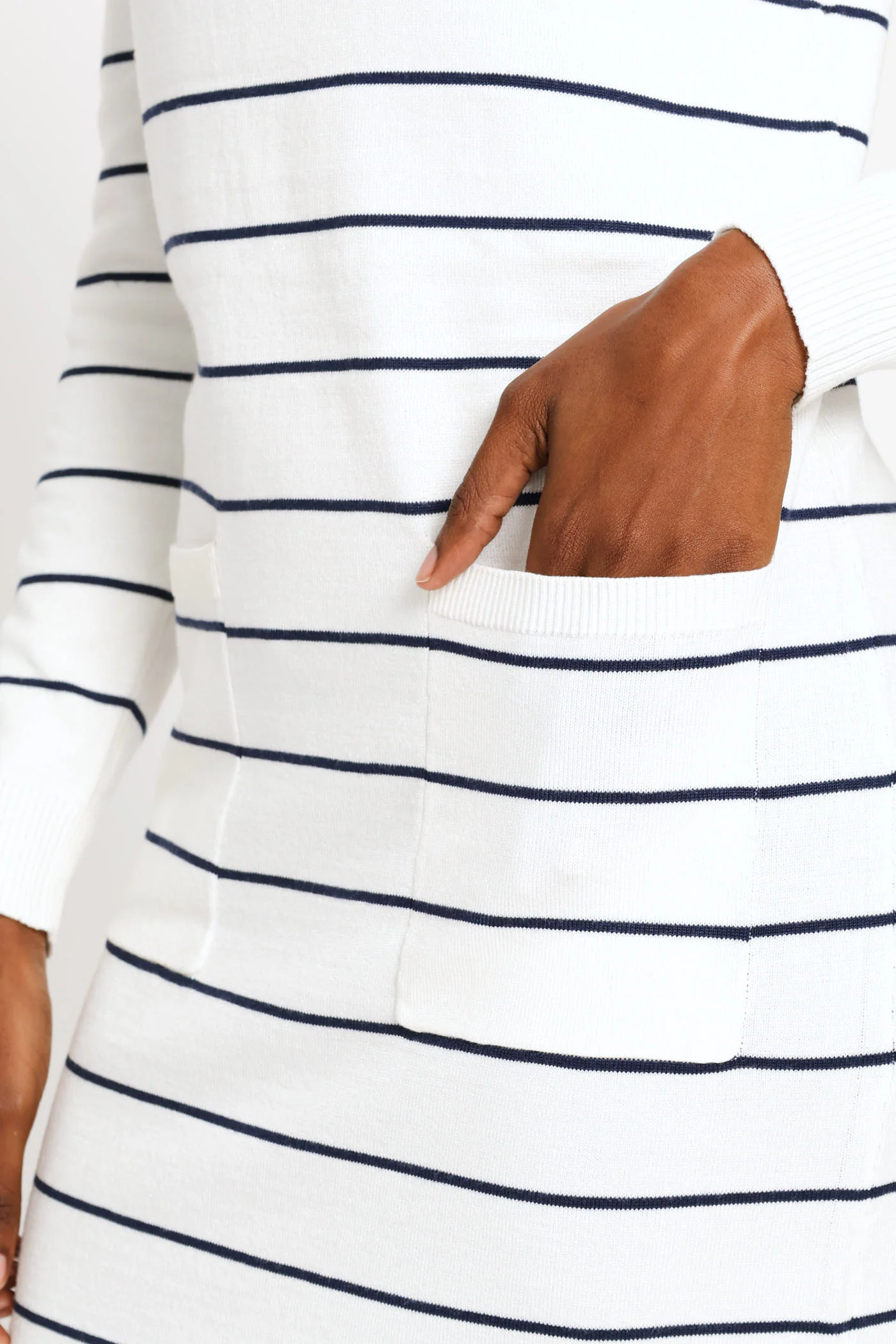 Long Sleeve Stripe Column Sweater Dress - White/Navy - Image 4