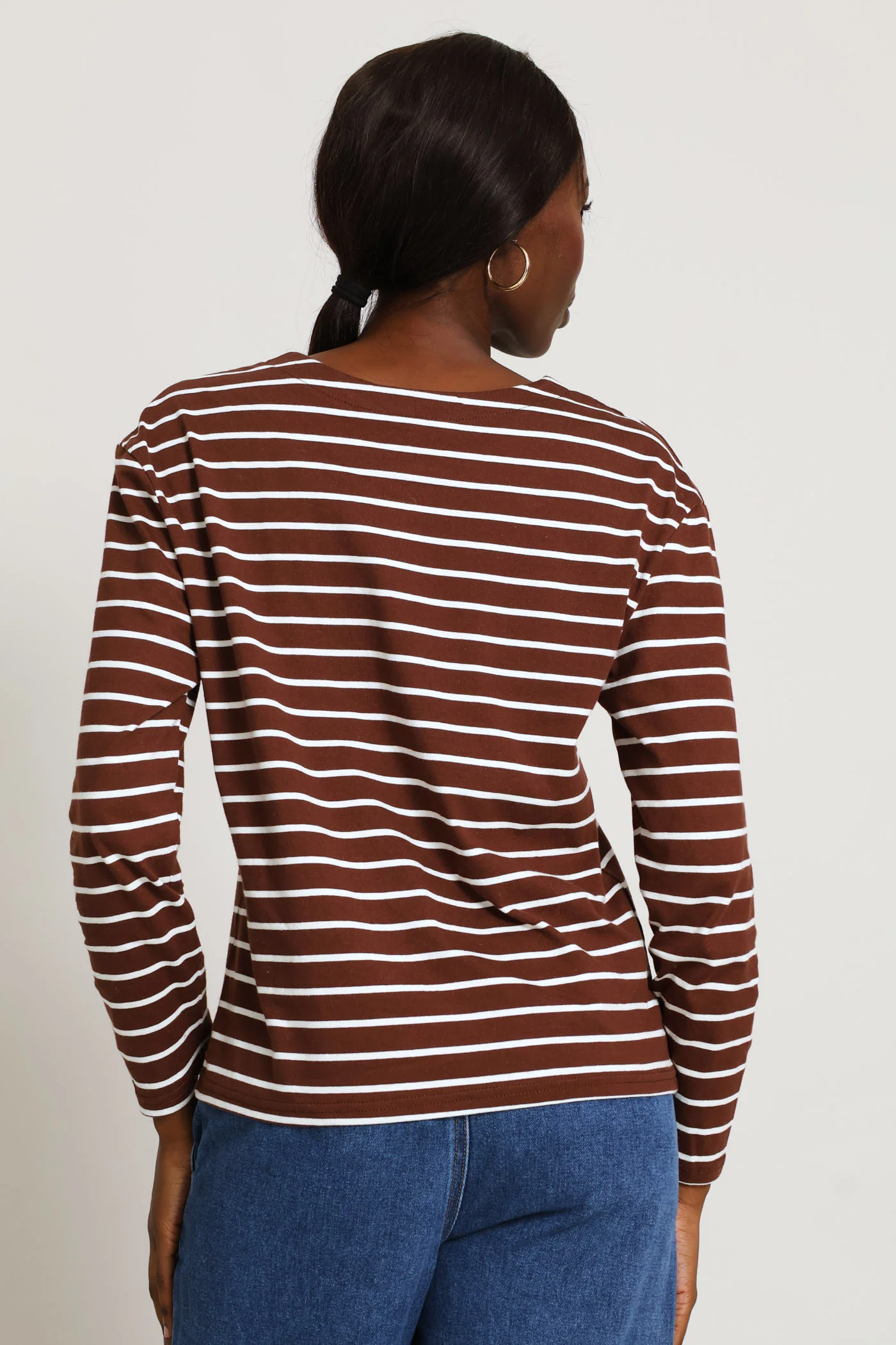 Long Sleeve Stripe Cotton Top - Cream/Chocolate - Image 3