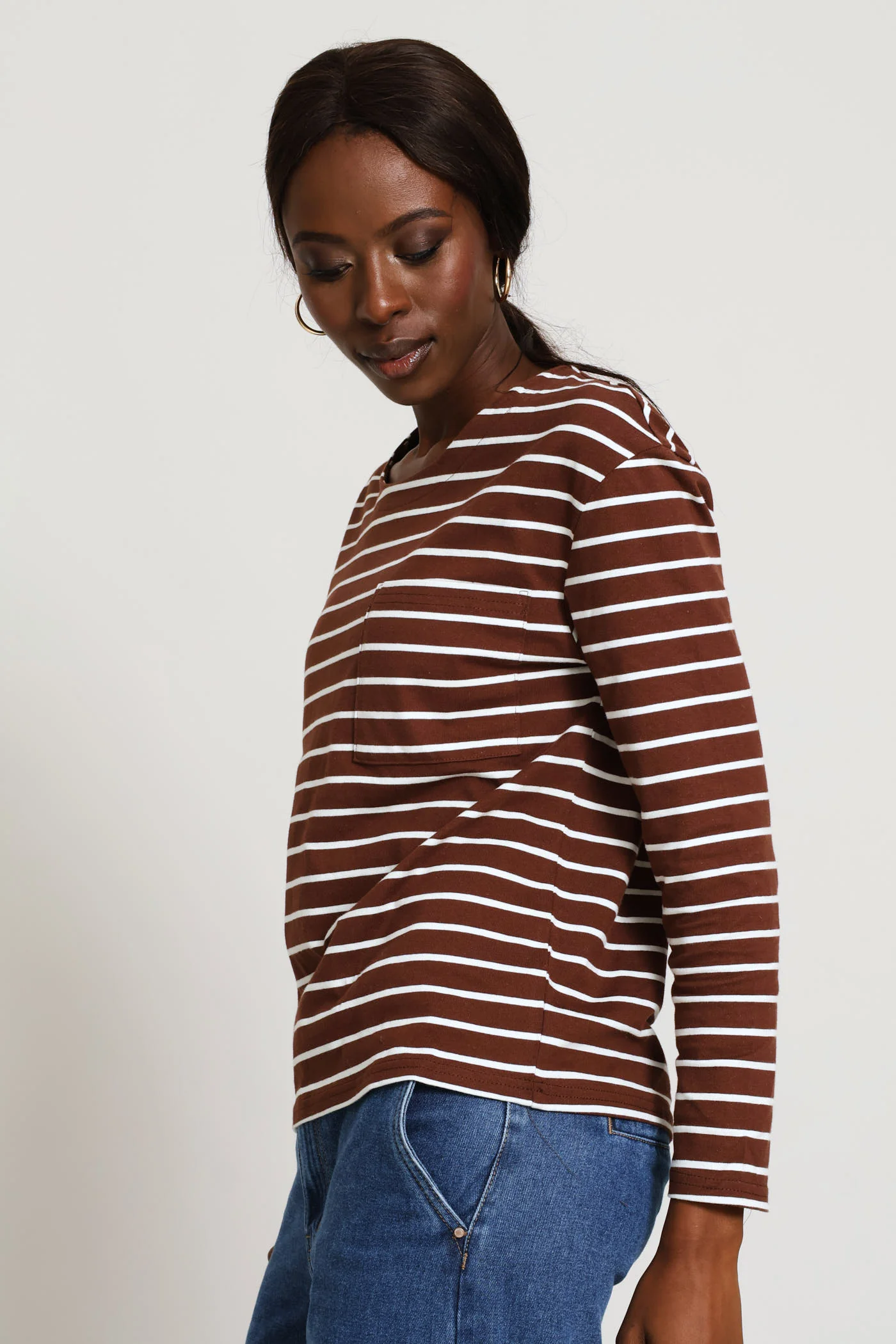 Long Sleeve Stripe Cotton Top - Cream/Chocolate - Image 4
