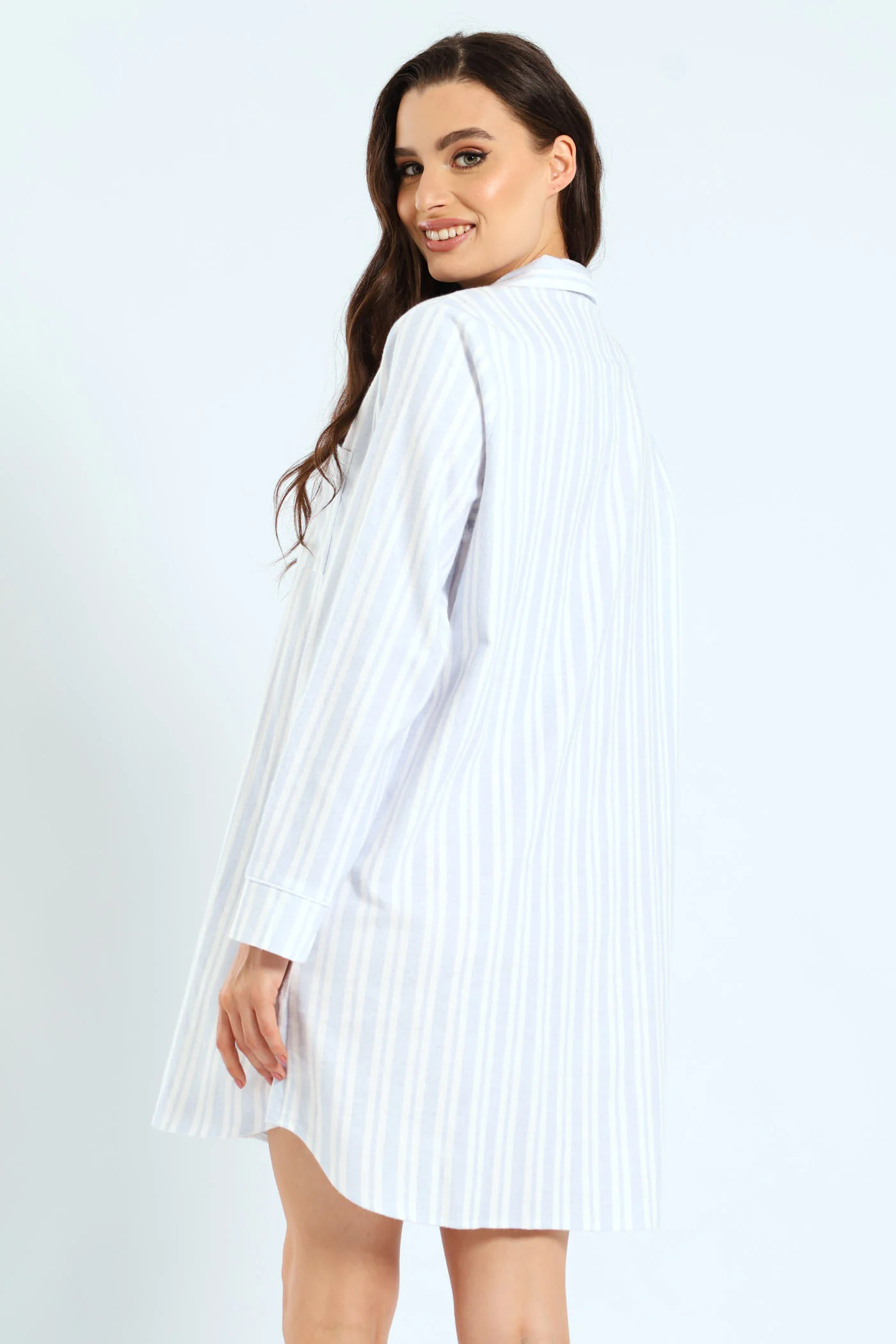 Long Sleeve Stripe Flannel Button Through Sleep Shirt - White/Blue - Image 2