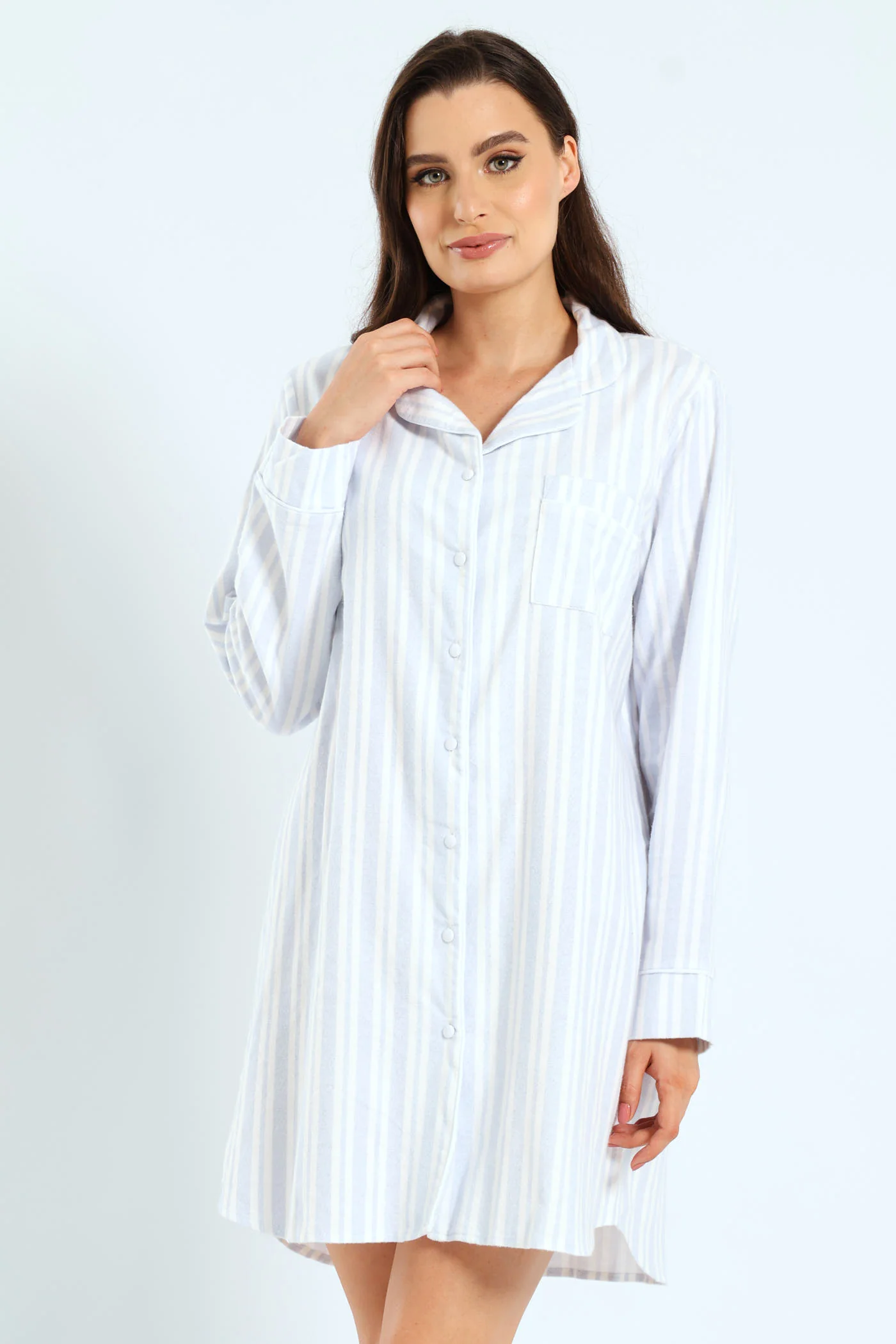 Long Sleeve Stripe Flannel Button Through Sleep Shirt - White/Blue - Image 3