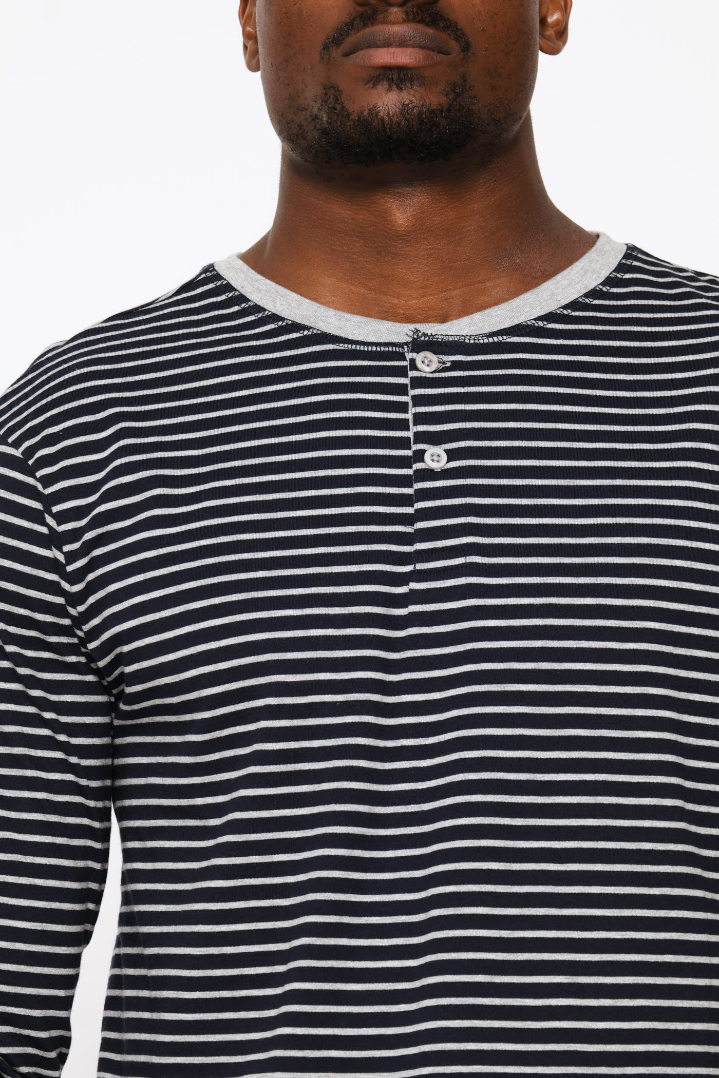Long Sleeve Stripe Henley Shirt - Navy/Grey - Image 2