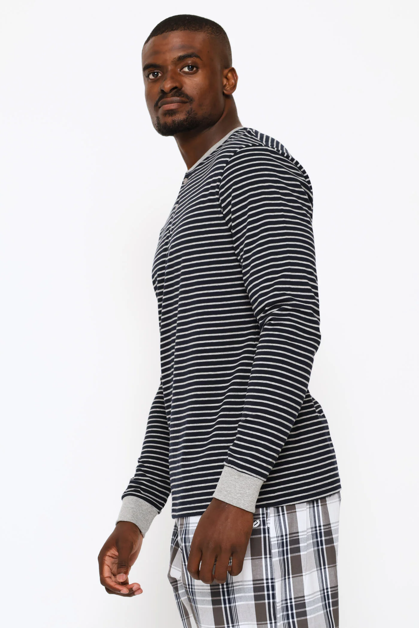 Long Sleeve Stripe Henley Shirt - Navy/Grey - Image 3