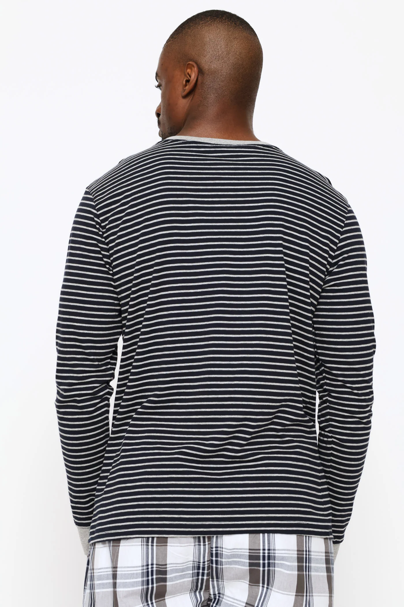 Long Sleeve Stripe Henley Shirt - Navy/Grey - Image 4