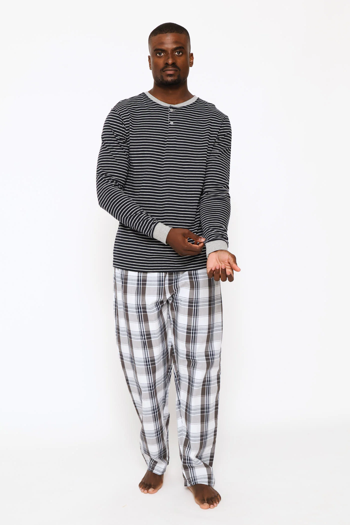 Long Sleeve Stripe Henley Shirt - Navy/Grey - Image 5