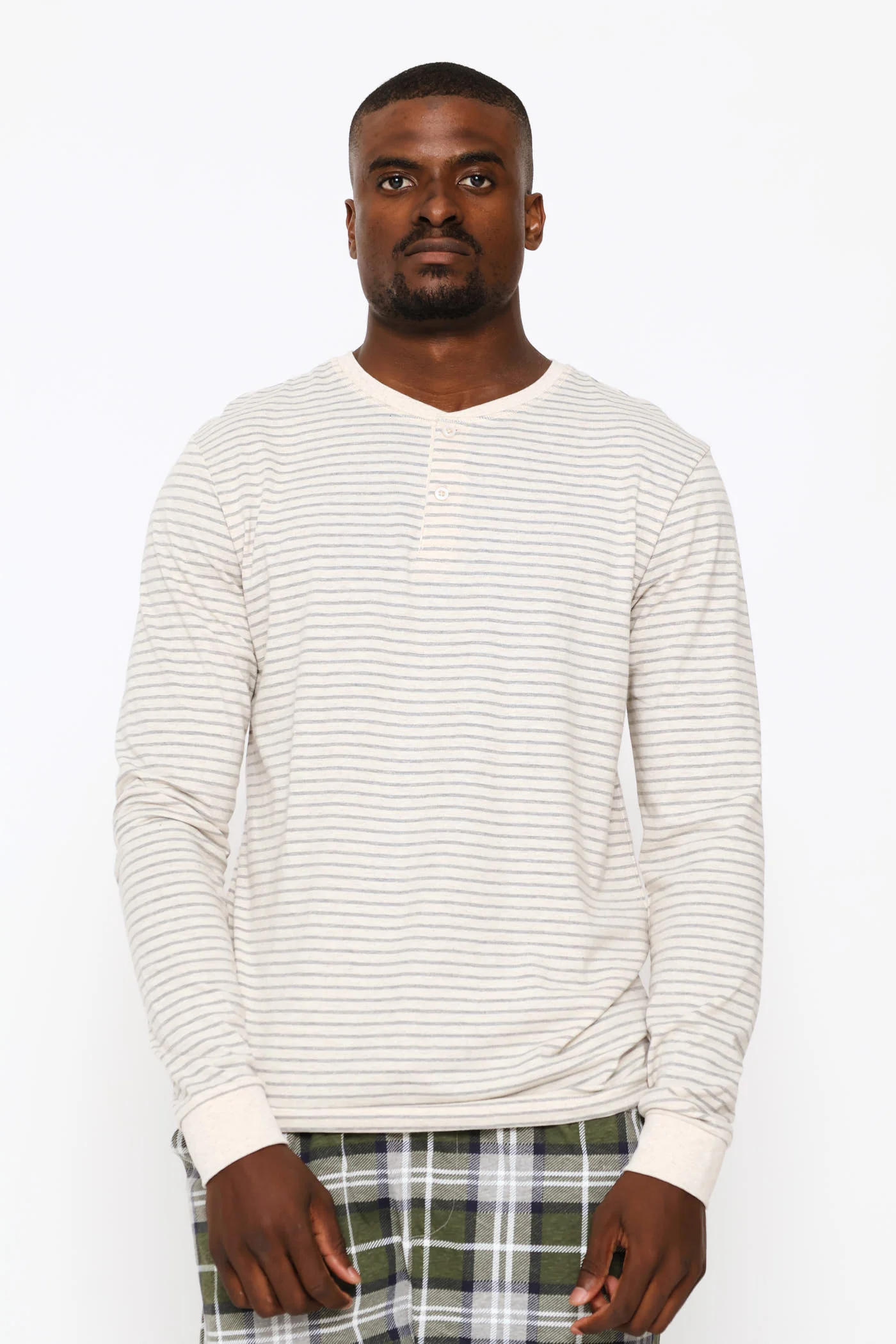 Long Sleeve Stripe Henley Top - Oatmeal/Grey Melange - Image 2