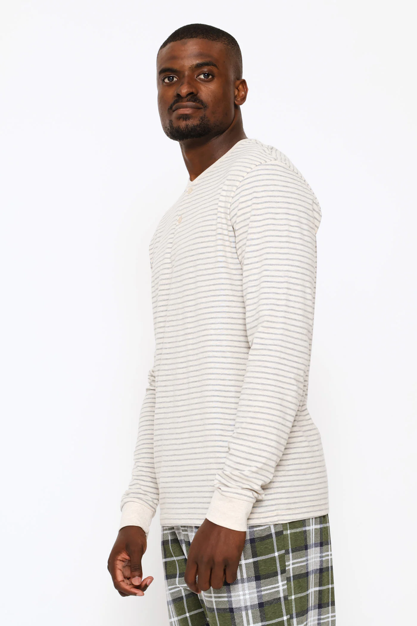 Long Sleeve Stripe Henley Top - Oatmeal/Grey Melange - Image 3