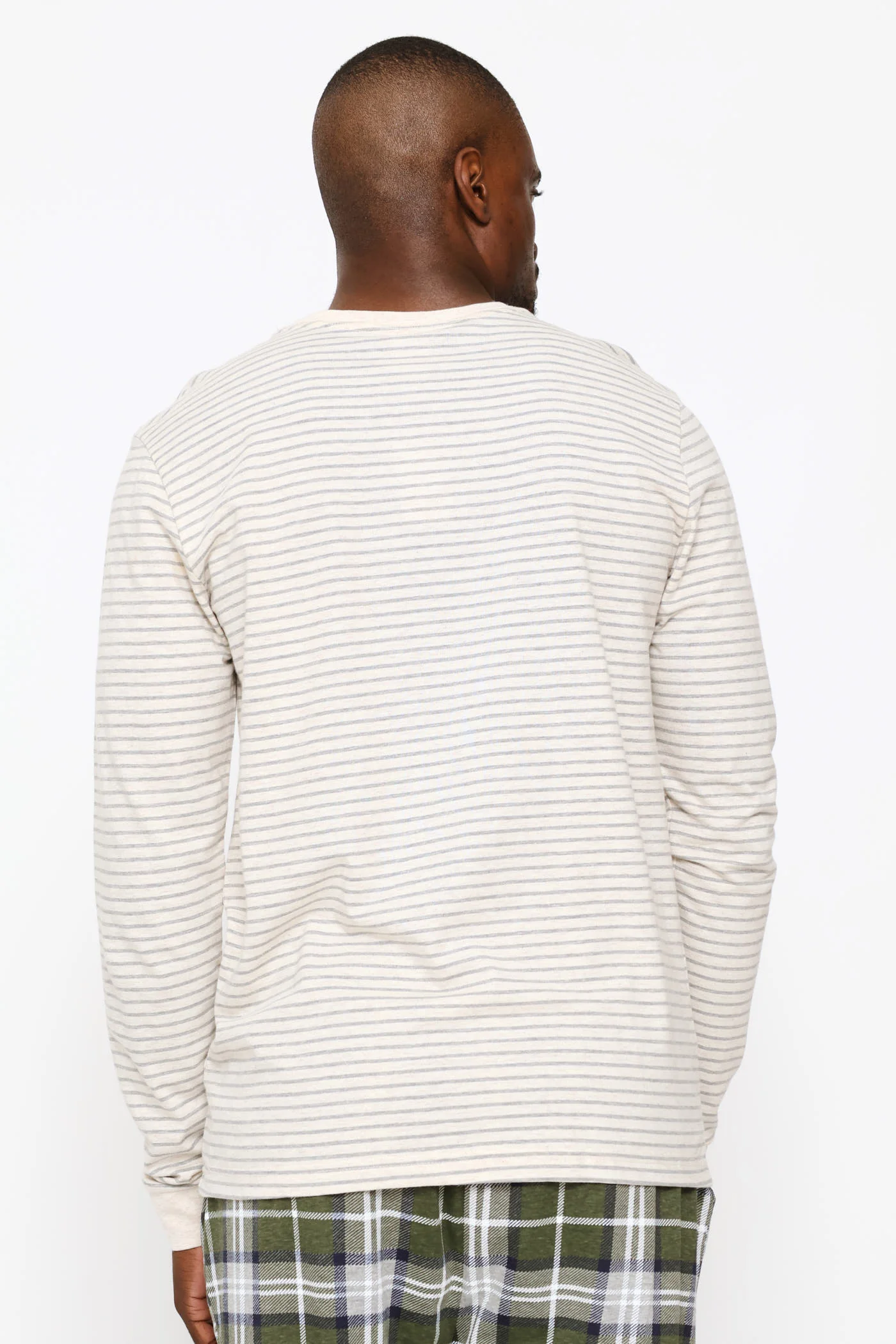 Long Sleeve Stripe Henley Top - Oatmeal/Grey Melange - Image 4