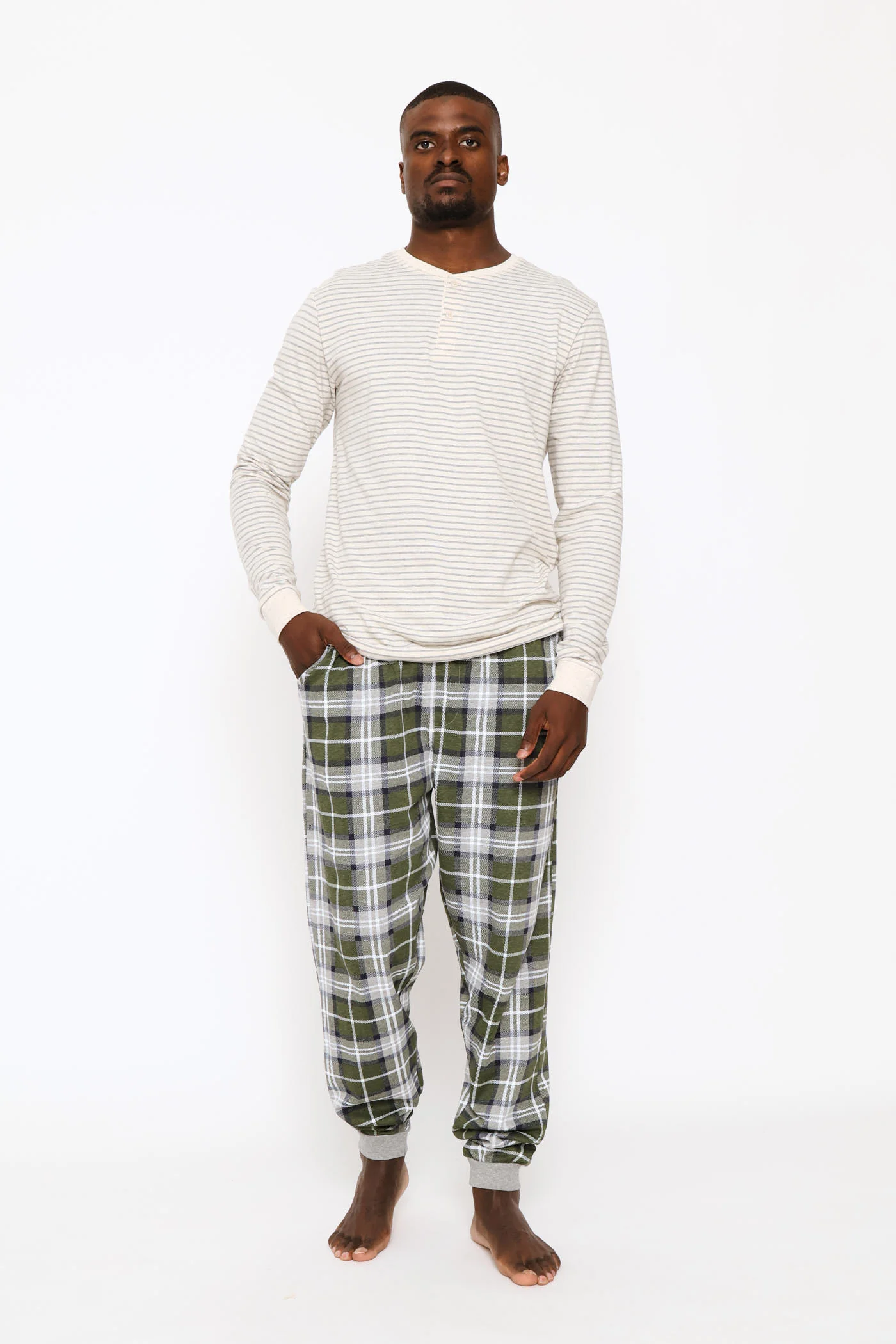 Long Sleeve Stripe Henley Top - Oatmeal/Grey Melange - Image 5