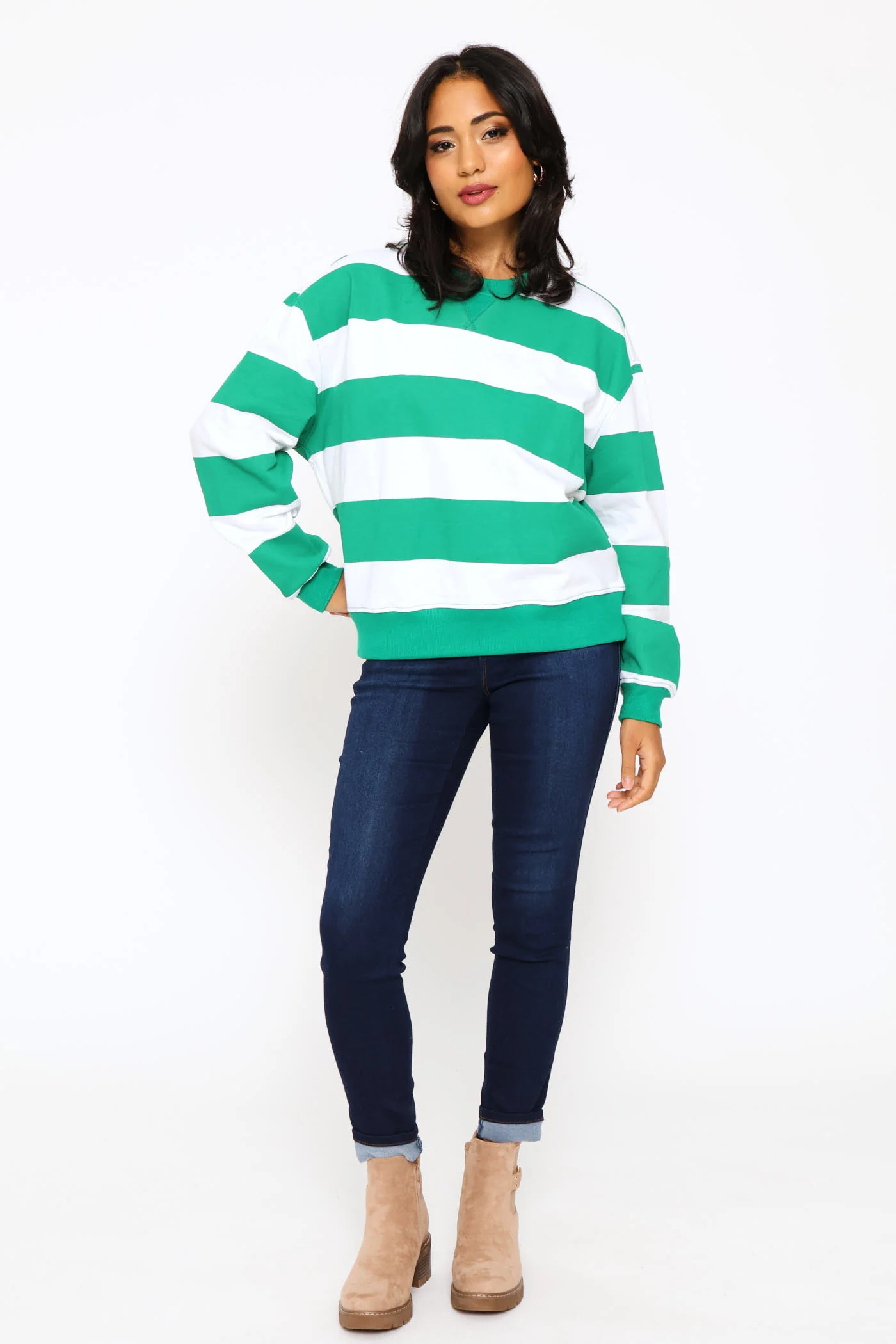 Long Sleeve Stripe Pullover - White/Green - Image 3