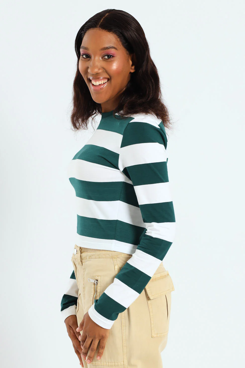 Long Sleeve Striped Basic Tee - Bottle Green - Image 3