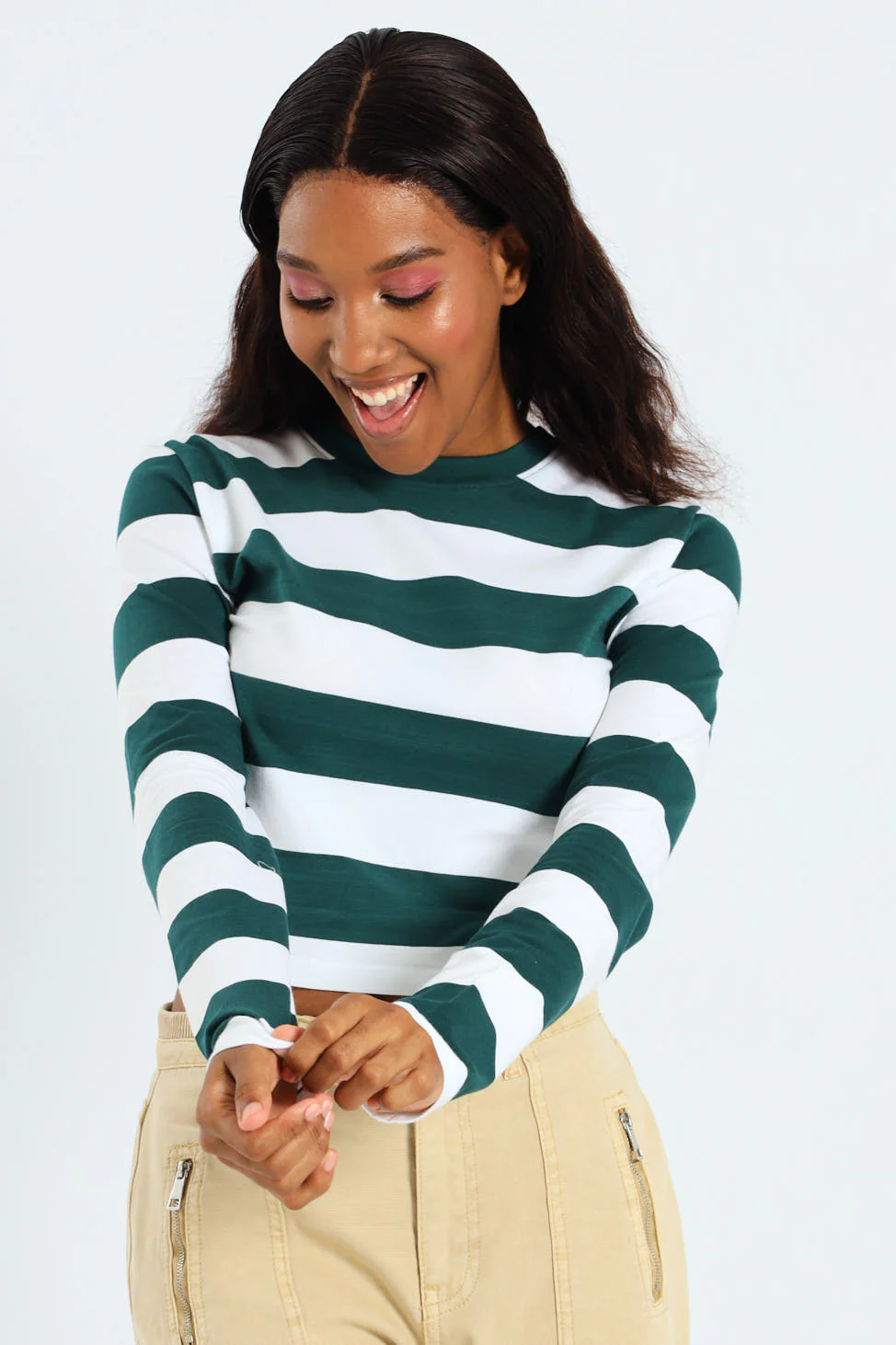 Long Sleeve Striped Basic Tee - Bottle Green - Image 4