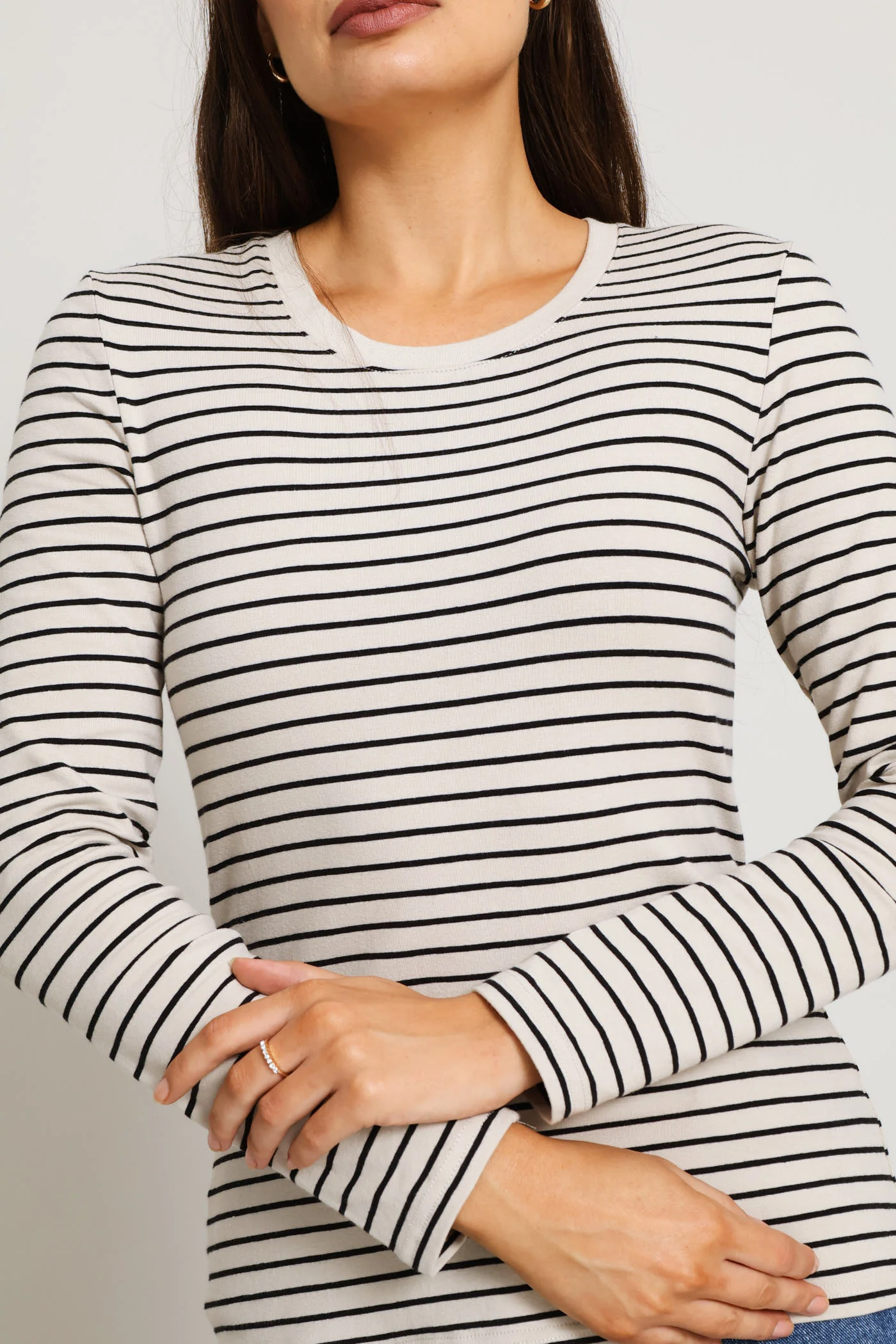 Long Sleeve Striped Crew Top - Stone/Black - Image 2