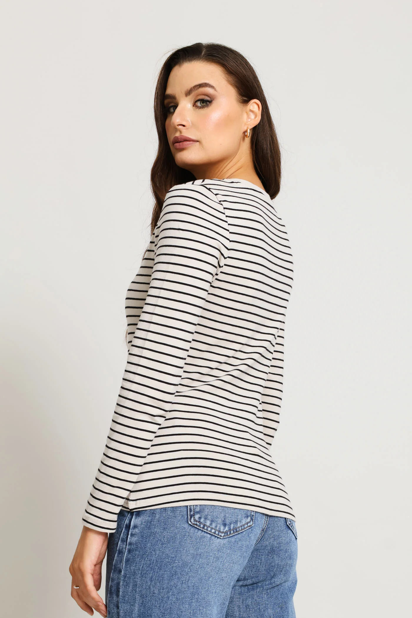 Long Sleeve Striped Crew Top - Stone/Black - Image 3