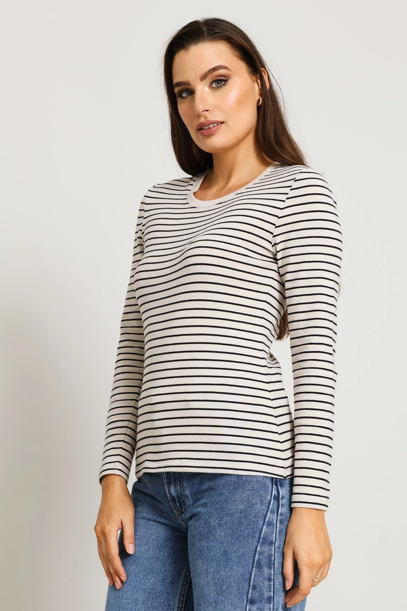 Long Sleeve Striped Crew Top - Stone/Black - Image 4