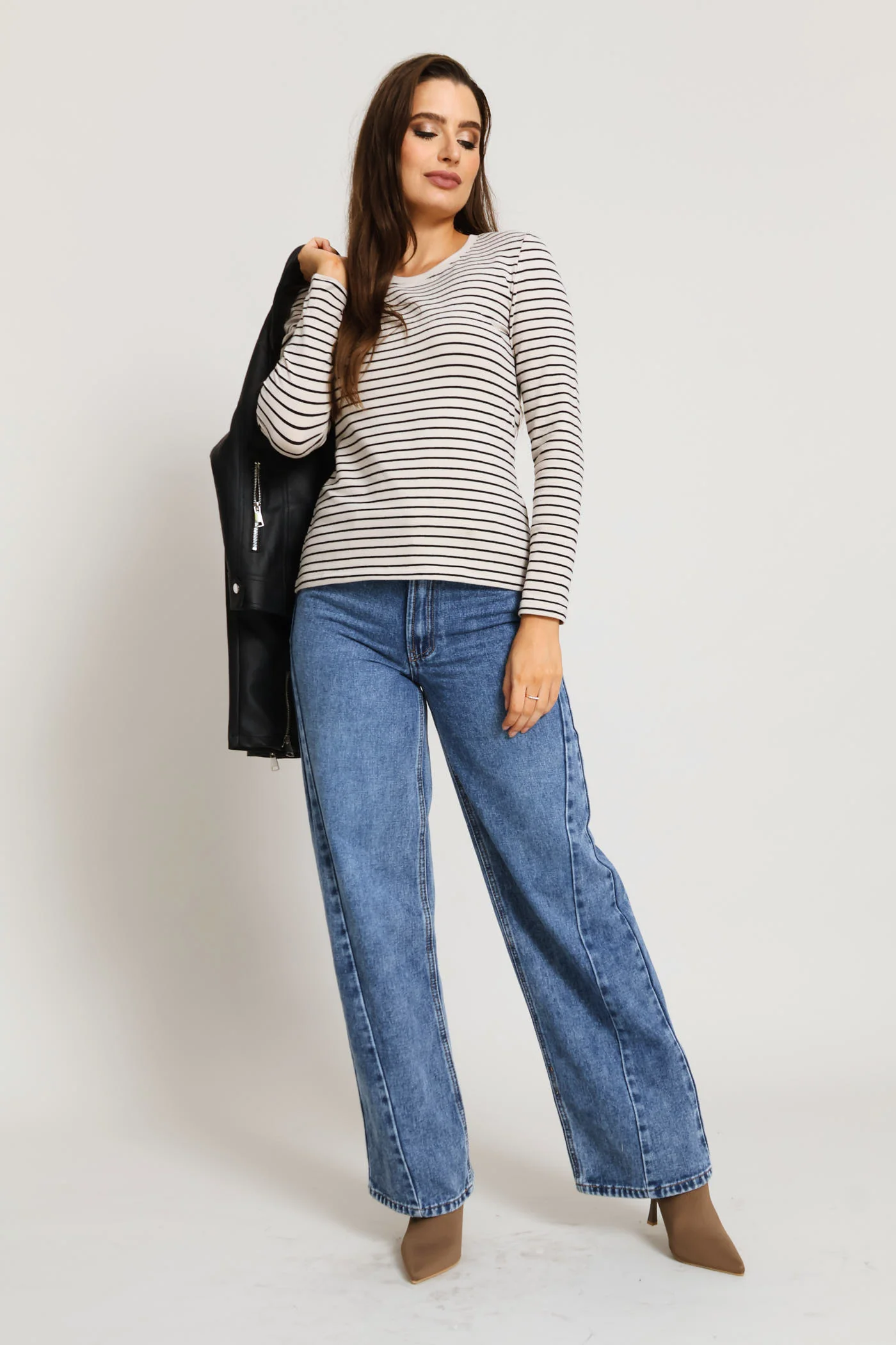 Long Sleeve Striped Crew Top - Stone/Black - Image 5