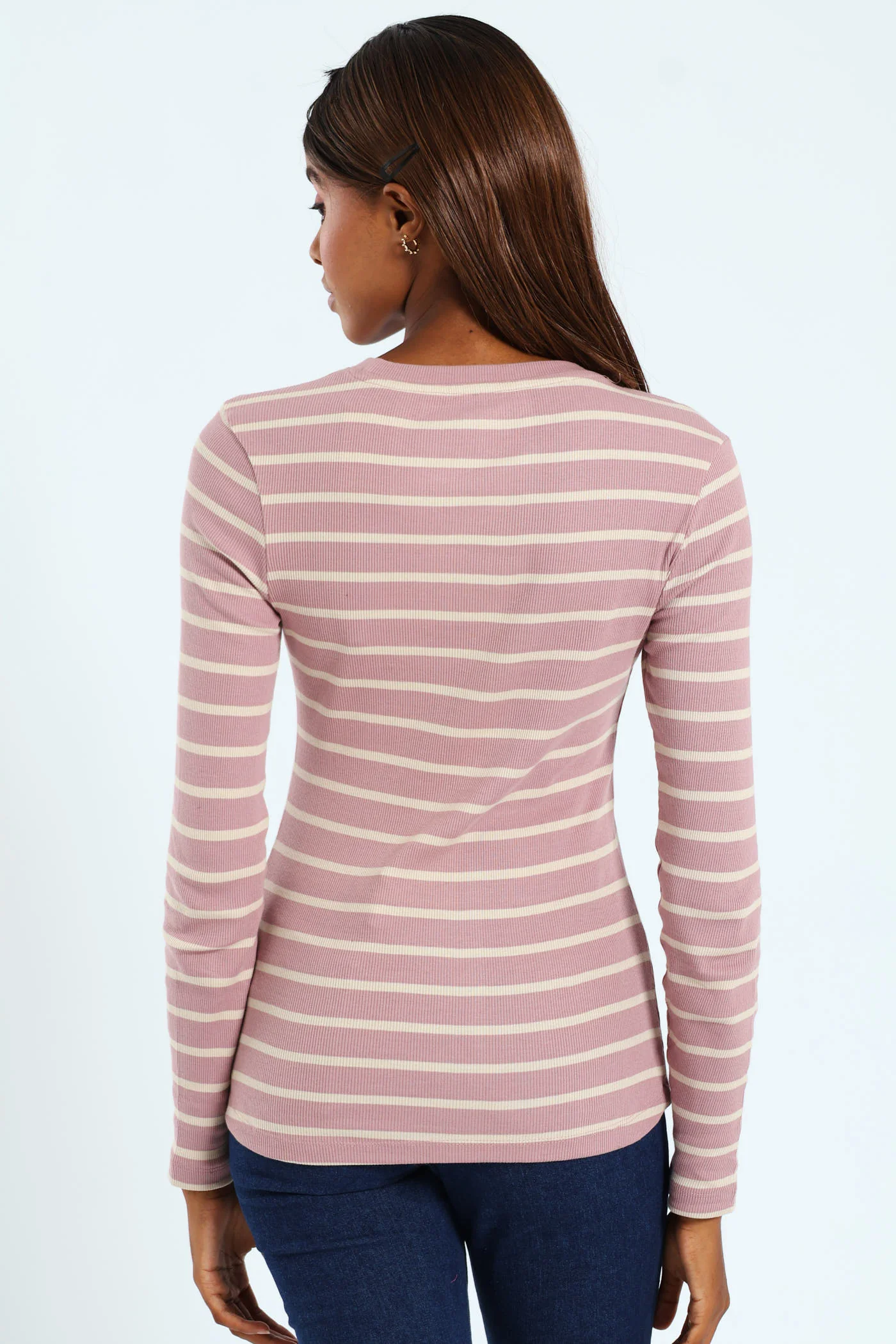 Long Sleeve Striped Rib Crew Top - Blush/Stone - Image 2