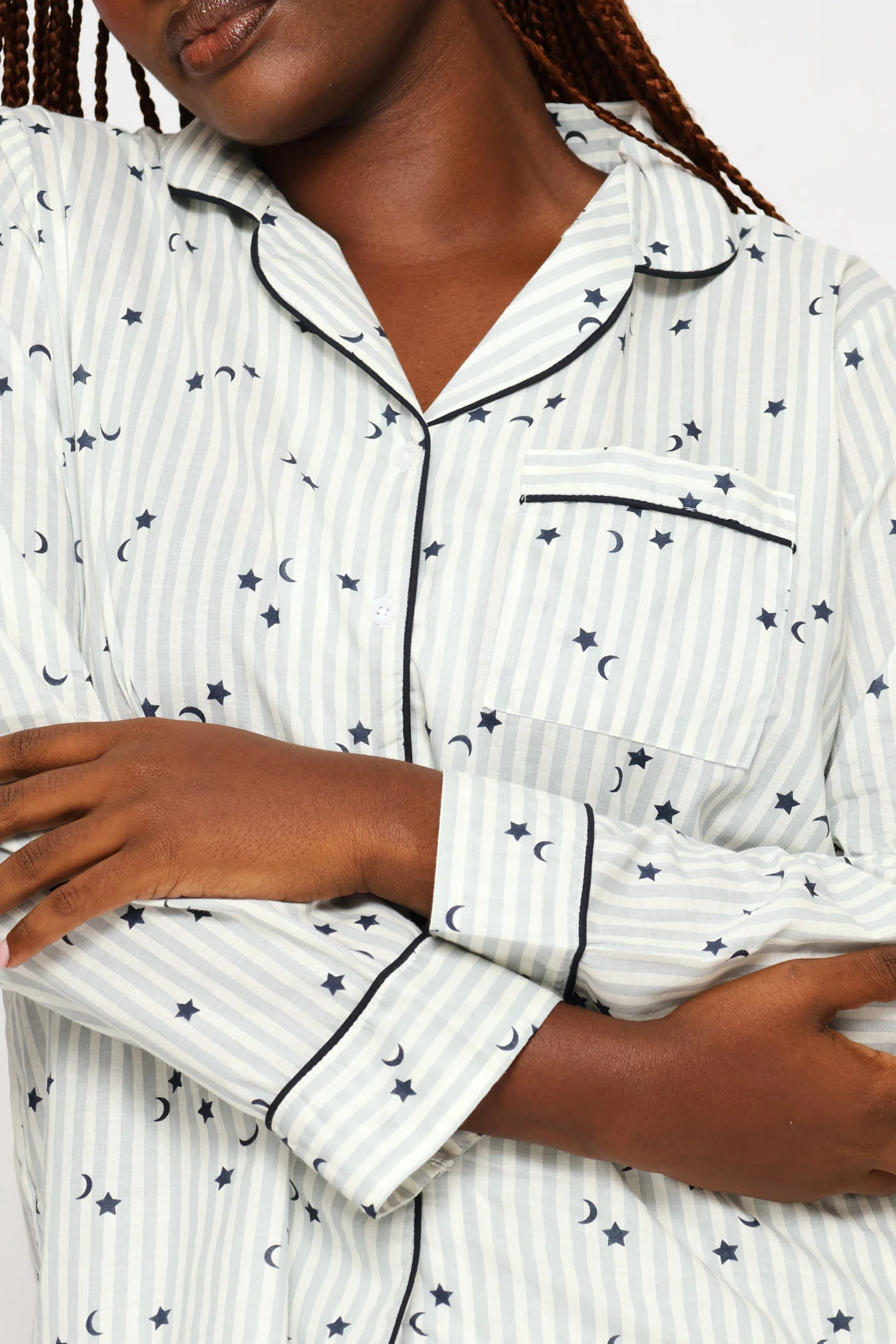 Long Sleeve Stripes & Stars Button Through & Pant Cotton Set - White/Blue - Image 2