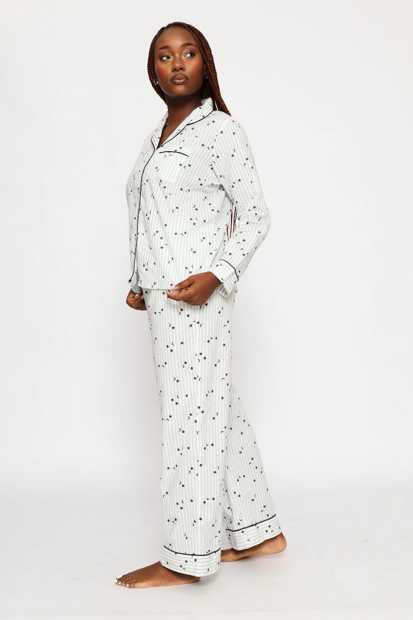 Long Sleeve Stripes & Stars Button Through & Pant Cotton Set - White/Blue - Image 3