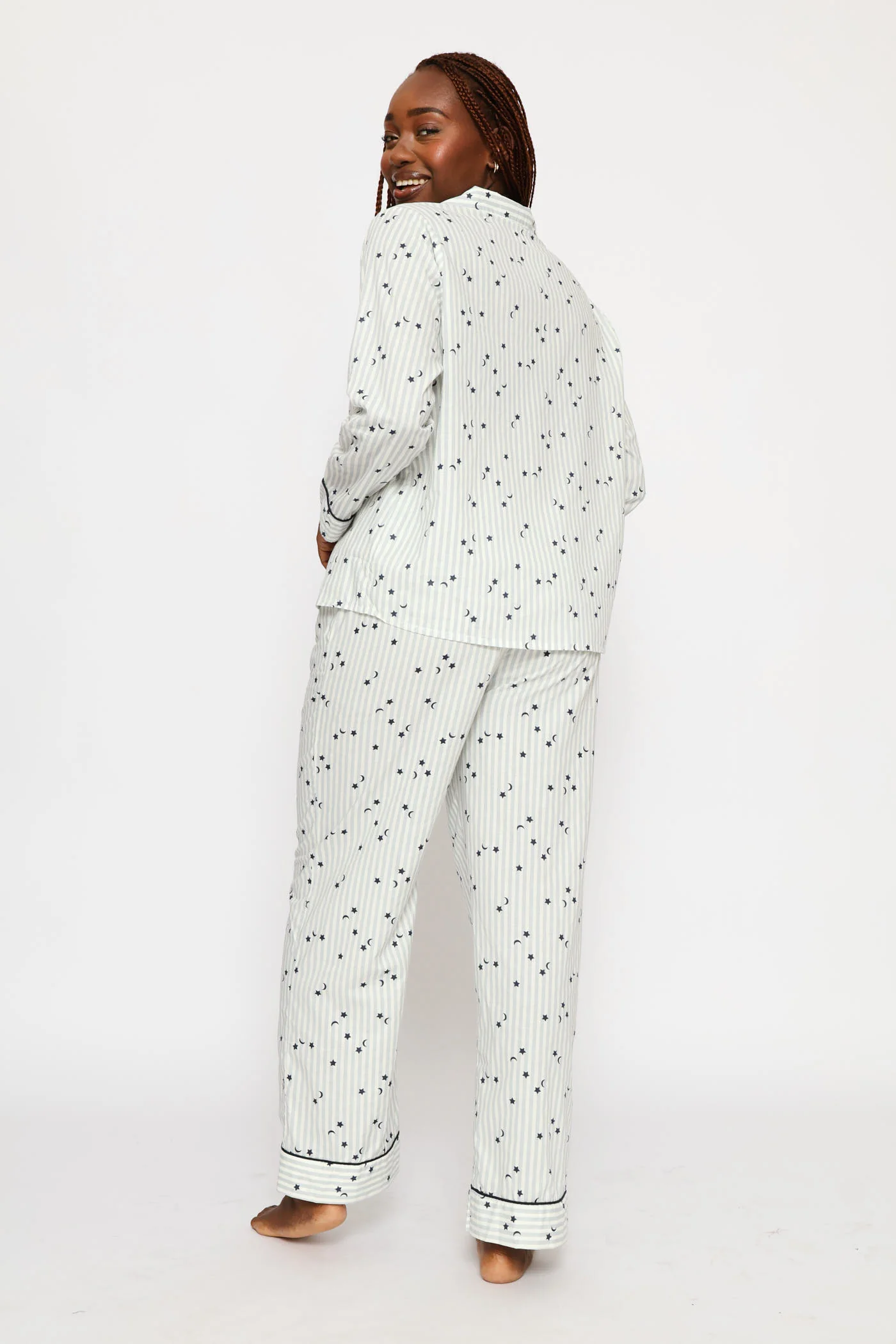 Long Sleeve Stripes & Stars Button Through & Pant Cotton Set - White/Blue - Image 4