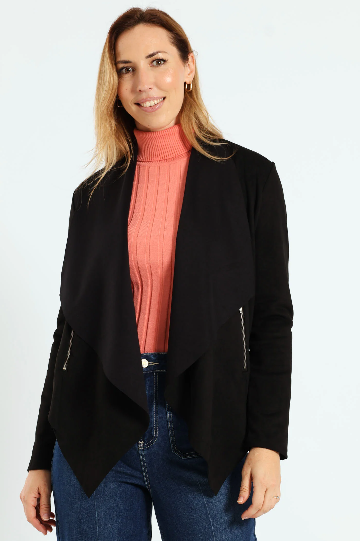 Long Sleeve Suede Waterfall Jacket With Zip Detail - Black - Image 3
