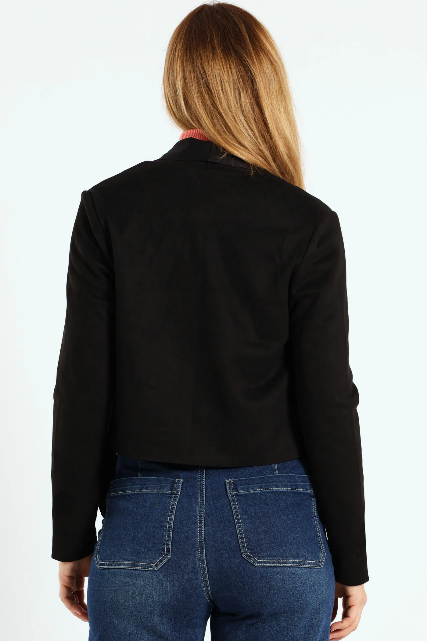 Long Sleeve Suede Waterfall Jacket With Zip Detail - Black - Image 4