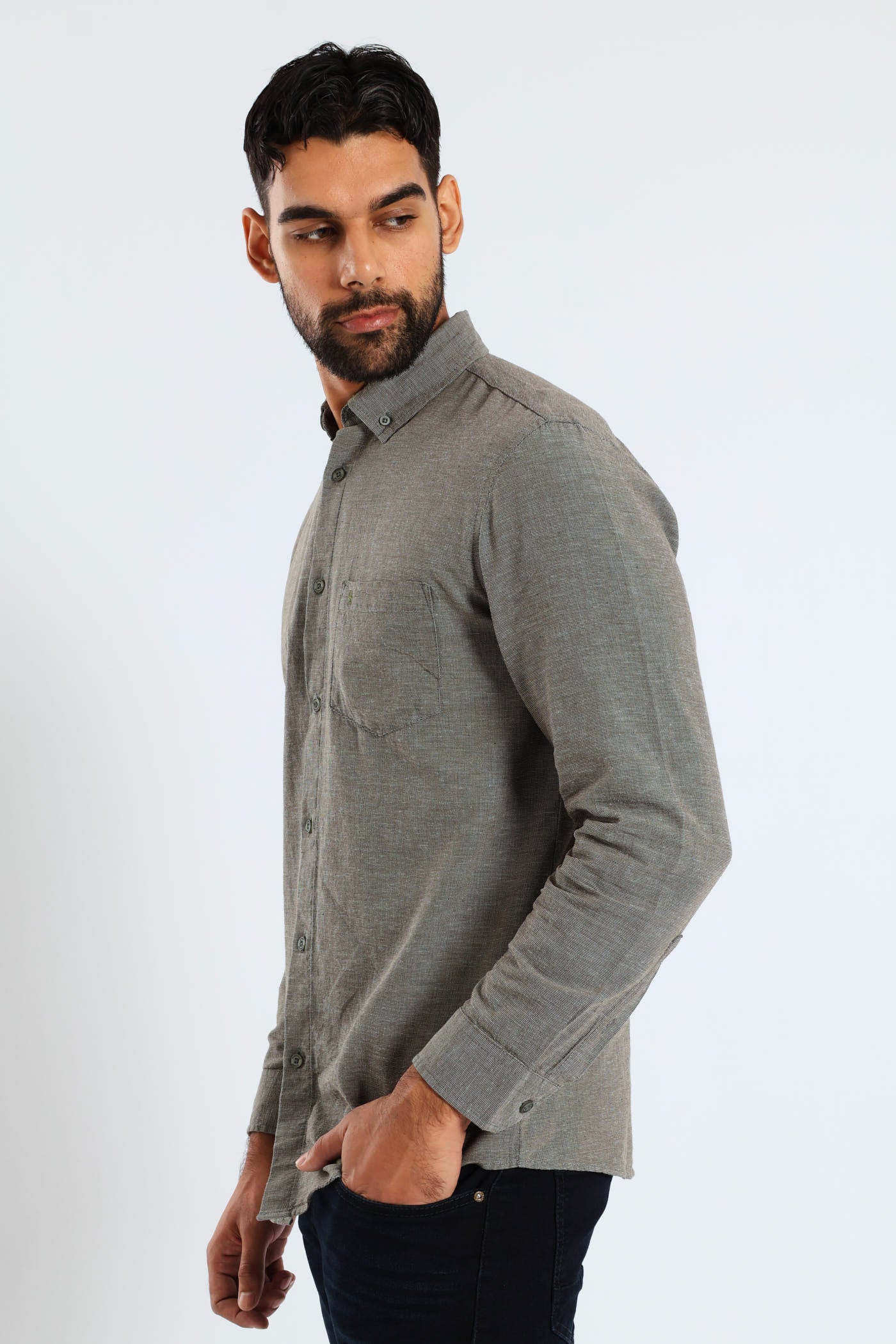 Long Sleeve Textured Woven Shirt - Fatigue - Image 3