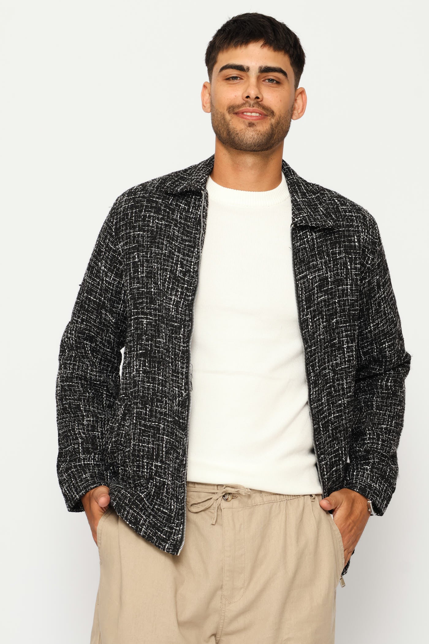 Long Sleeve Textured Shacket - Black/Grey - Image 5