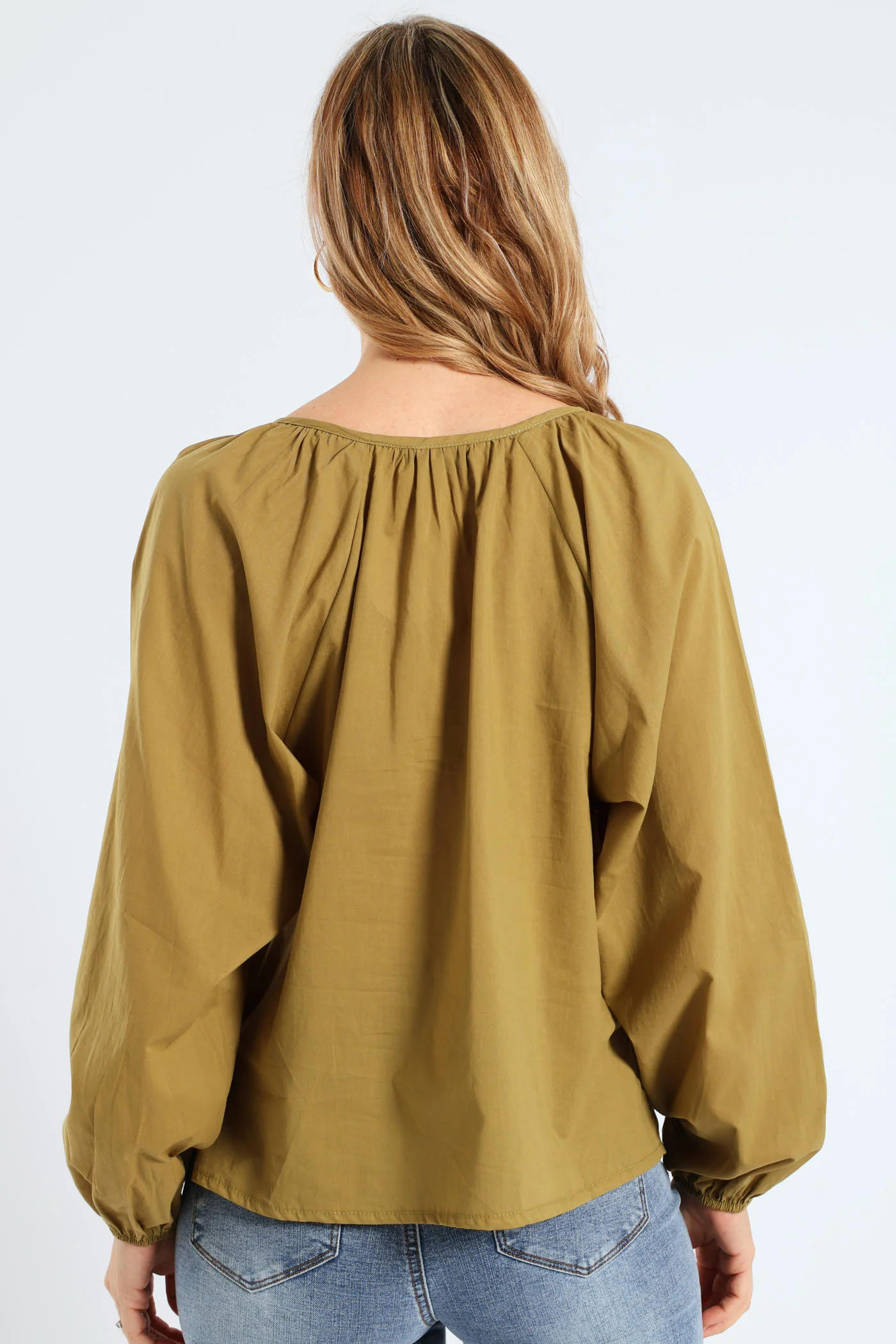 Long Sleeve Tie-Neck Voile Boho Blouse - Olive - Image 3