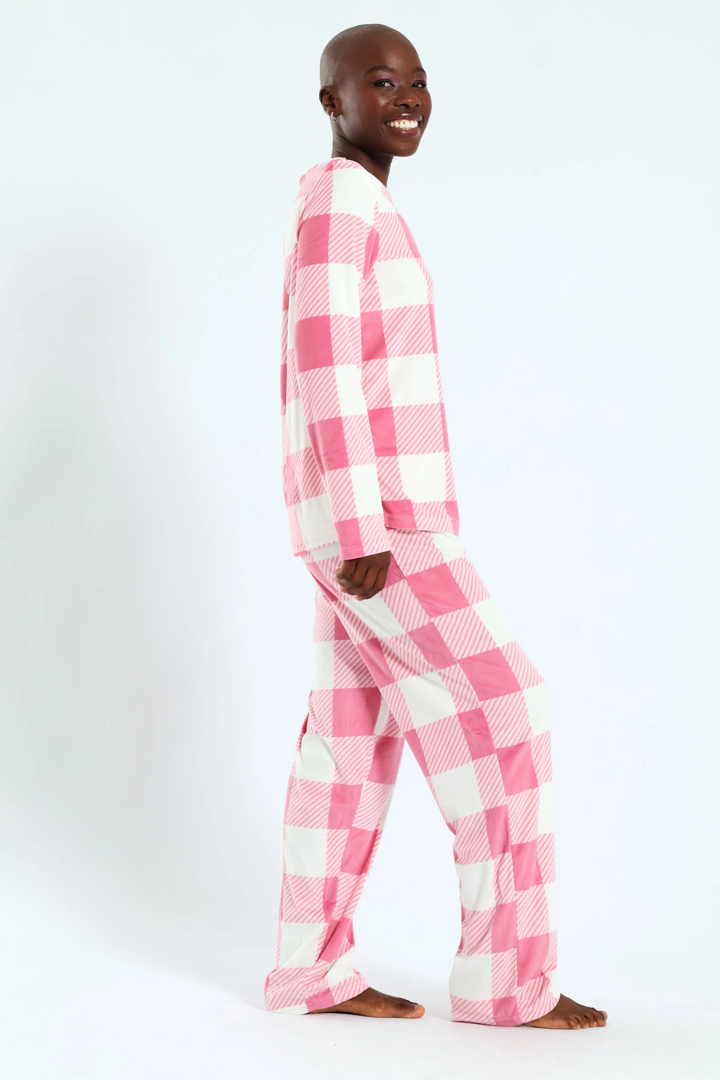 Long Sleeve Top & Pant Check Velour Set - White/Pink - Image 2