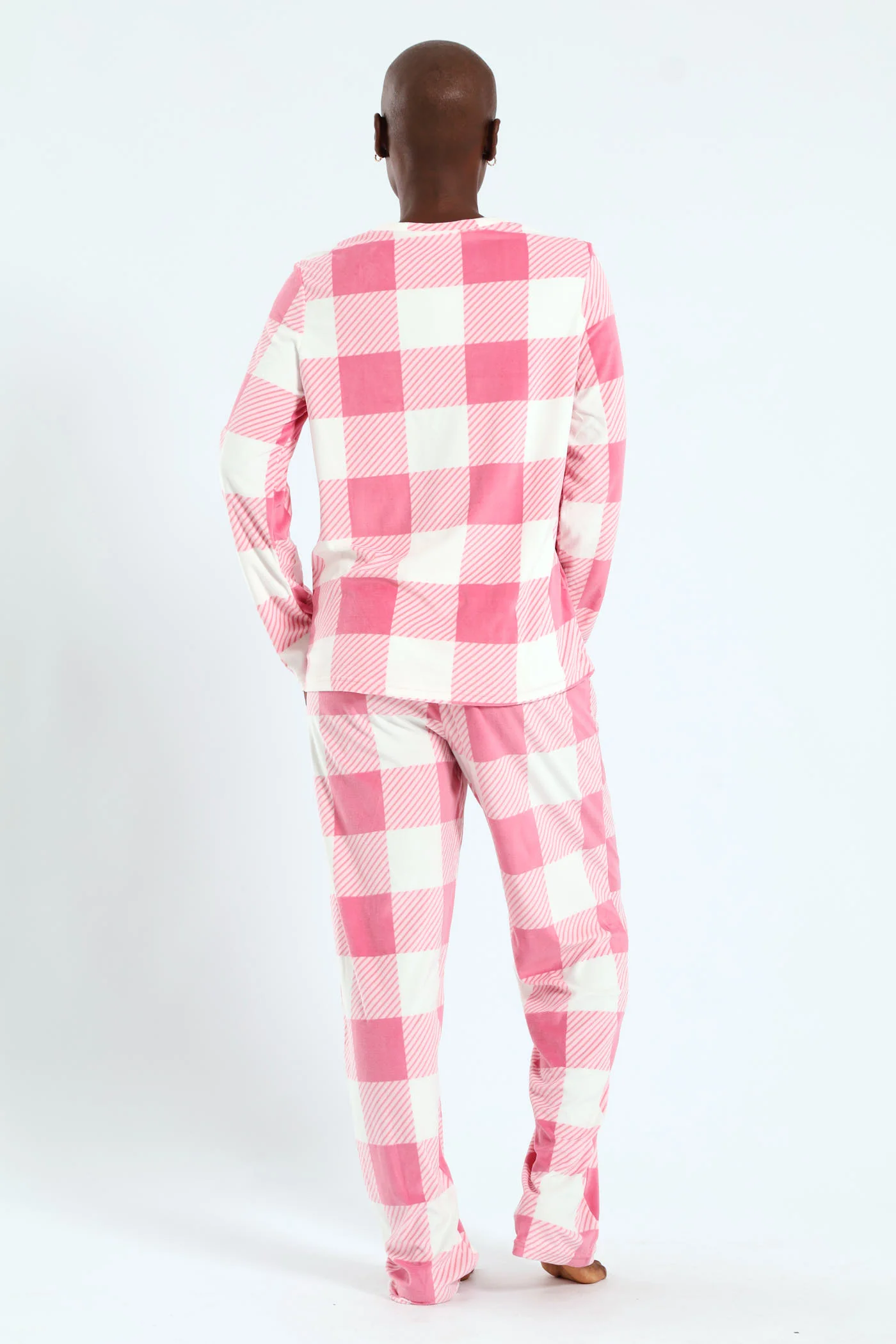 Long Sleeve Top & Pant Check Velour Set - White/Pink - Image 3