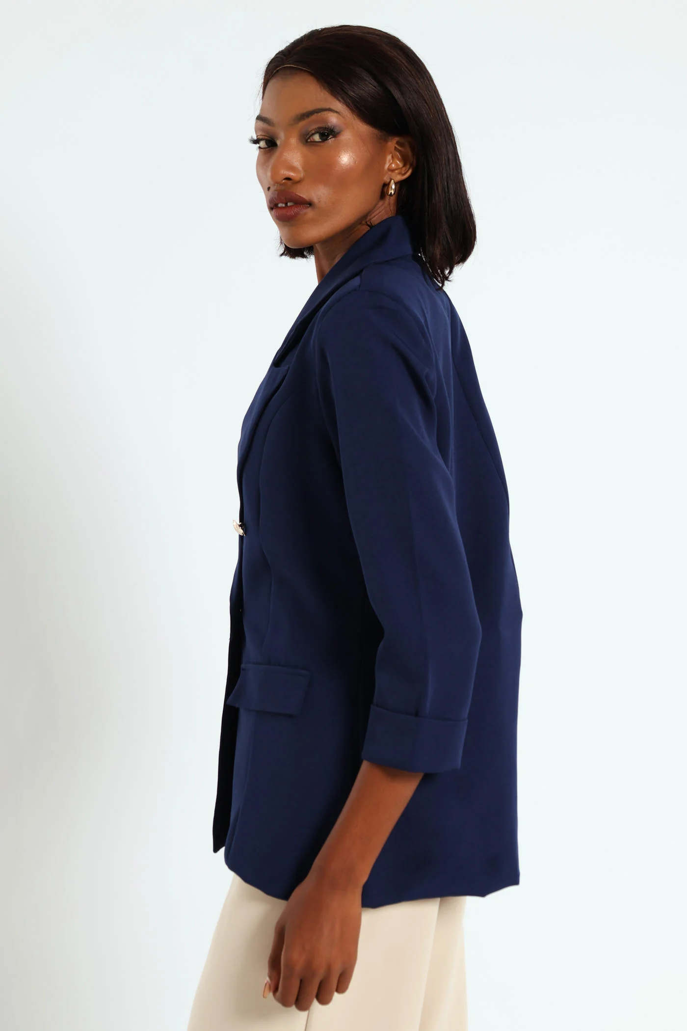 Long Sleeve Turn Up Sleeve Blazer - Navy - Image 2