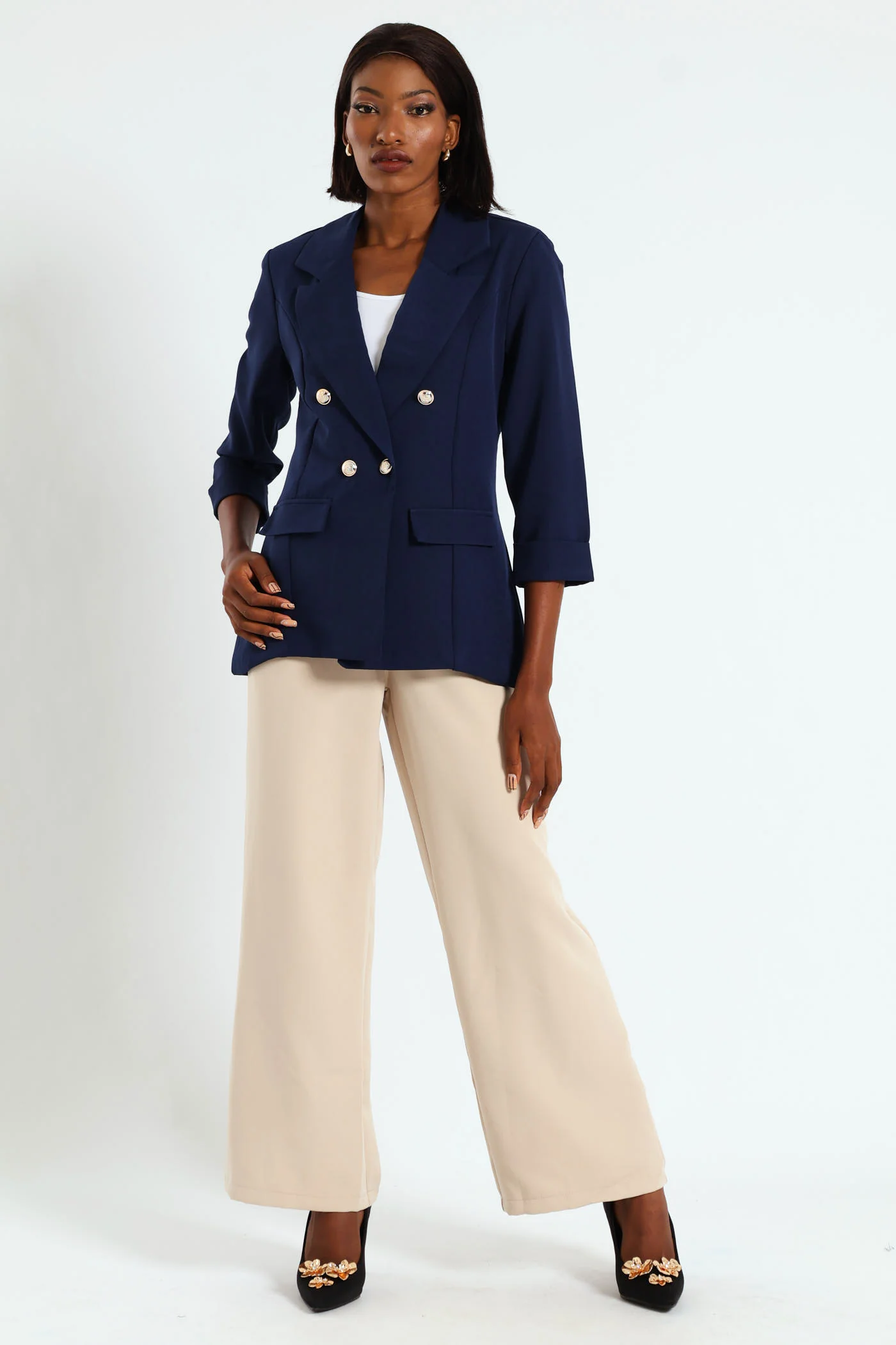 Long Sleeve Turn Up Sleeve Blazer - Navy - Image 4
