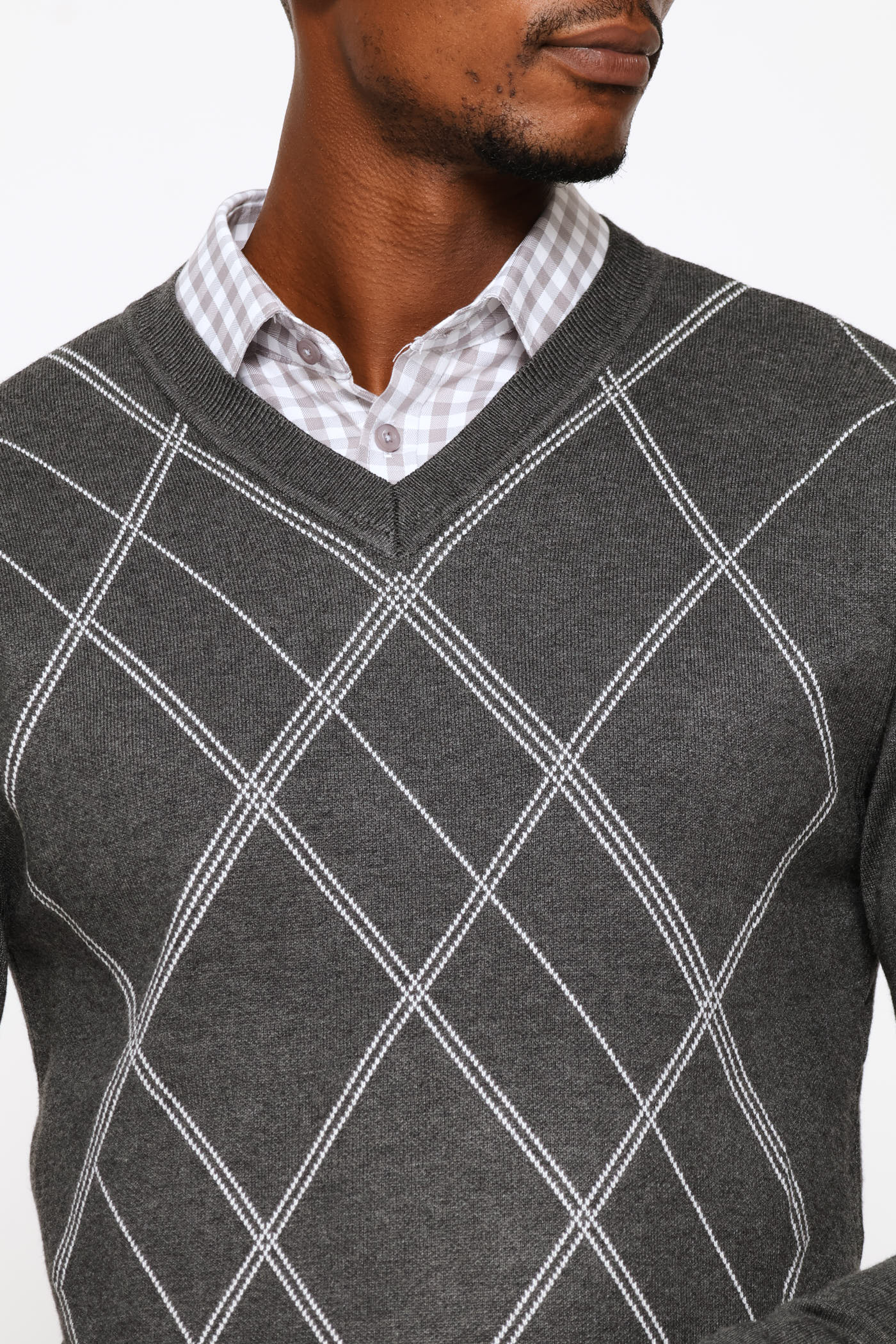 Long Sleeve V-Neck Argyle Pullover - Charcoal - Image 2