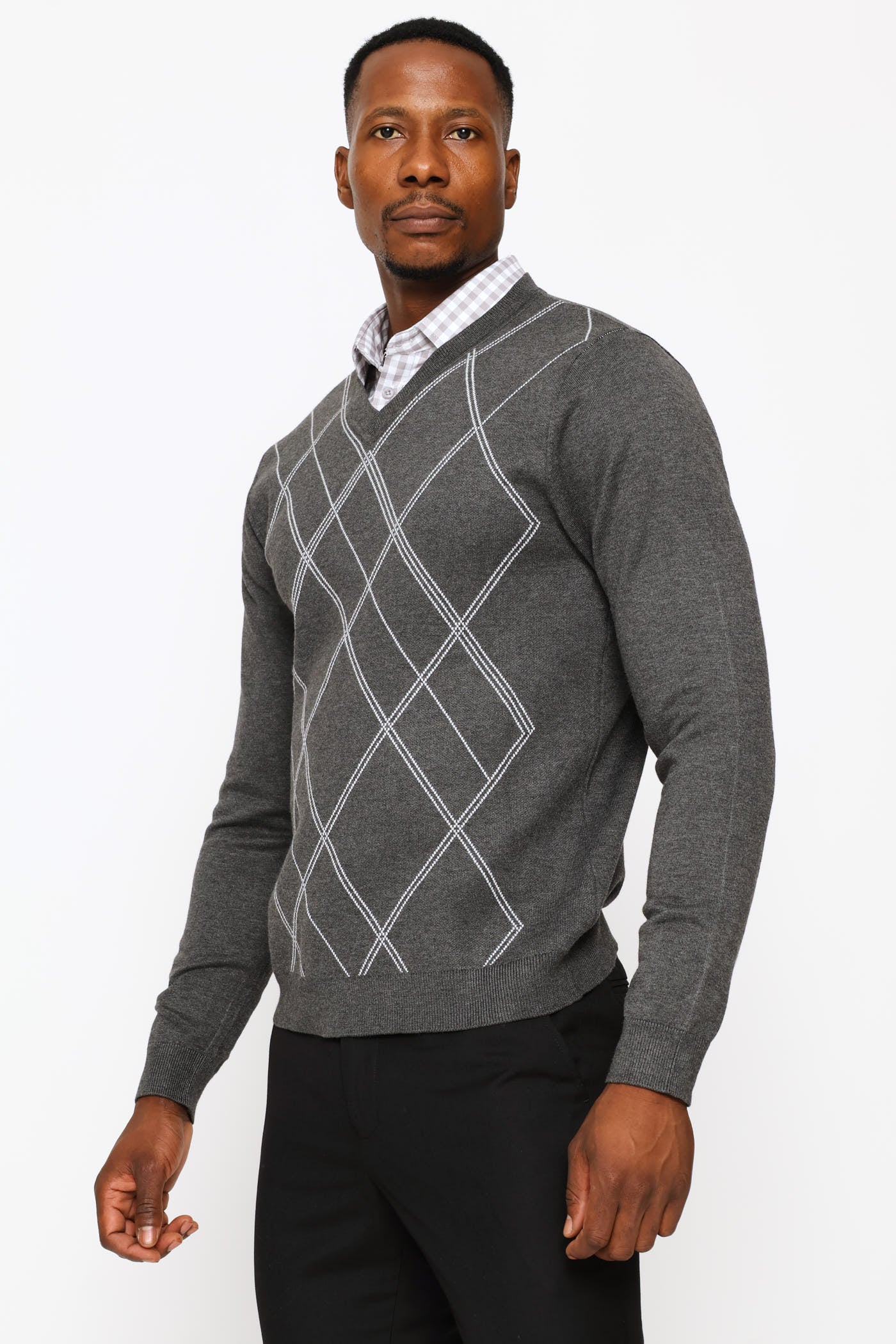 Long Sleeve V-Neck Argyle Pullover - Charcoal - Image 3