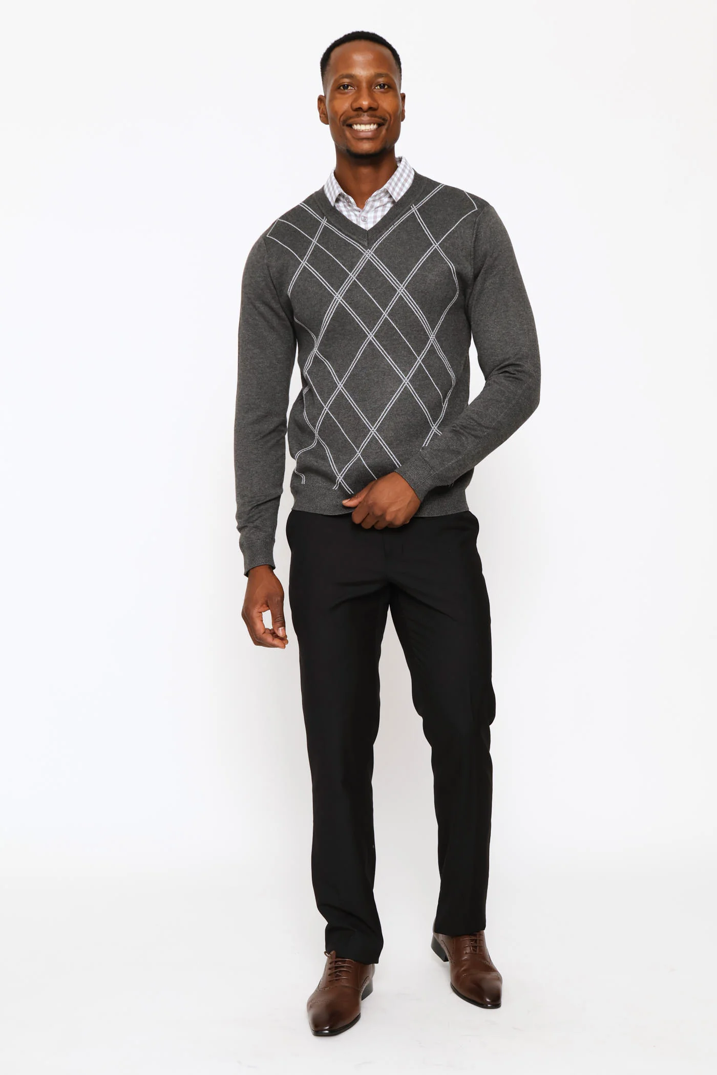 Long Sleeve V-Neck Argyle Pullover - Charcoal - Image 6