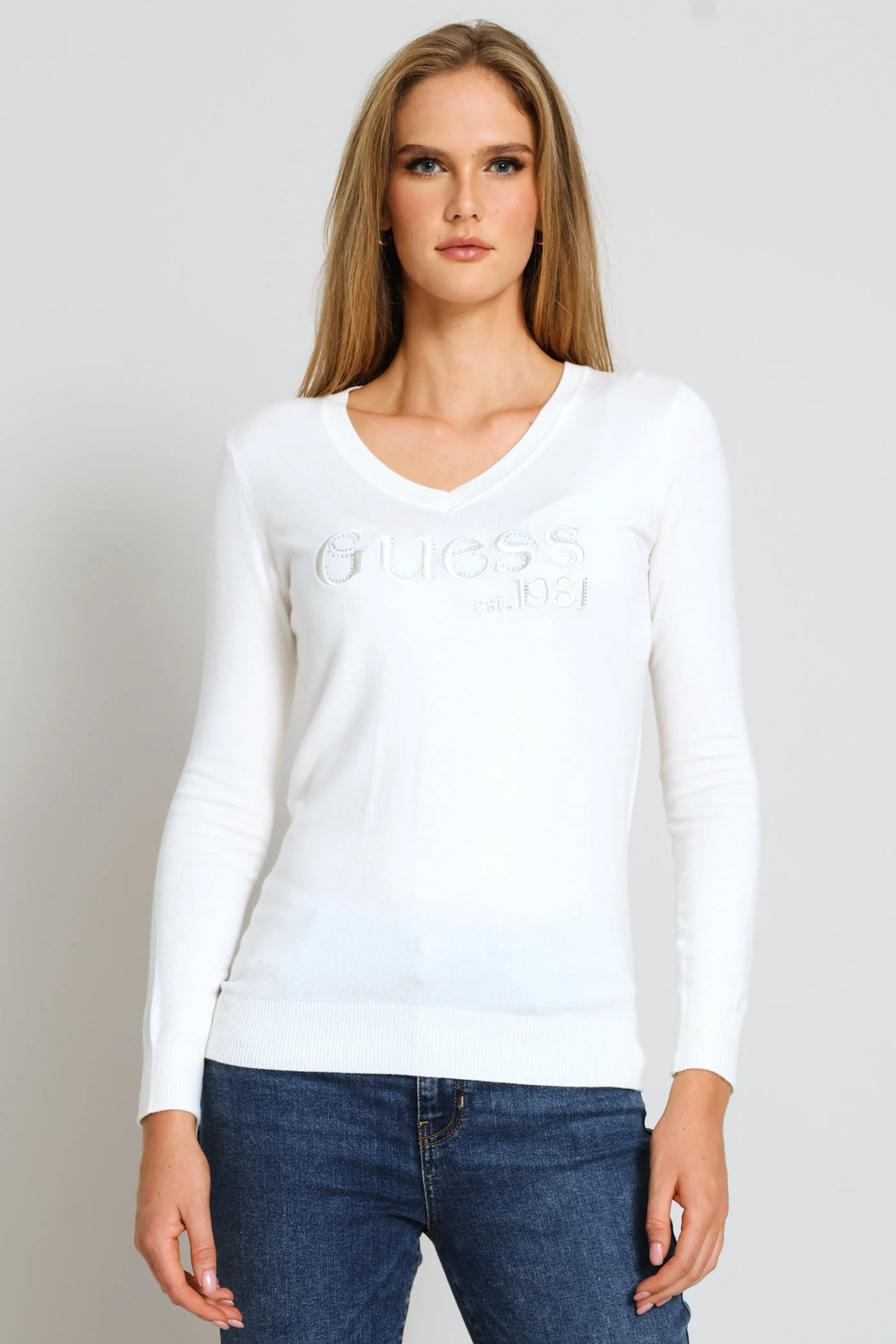 Long Sleeve V-Neck Saylor Logo Sweater Top - Cream - Image 3