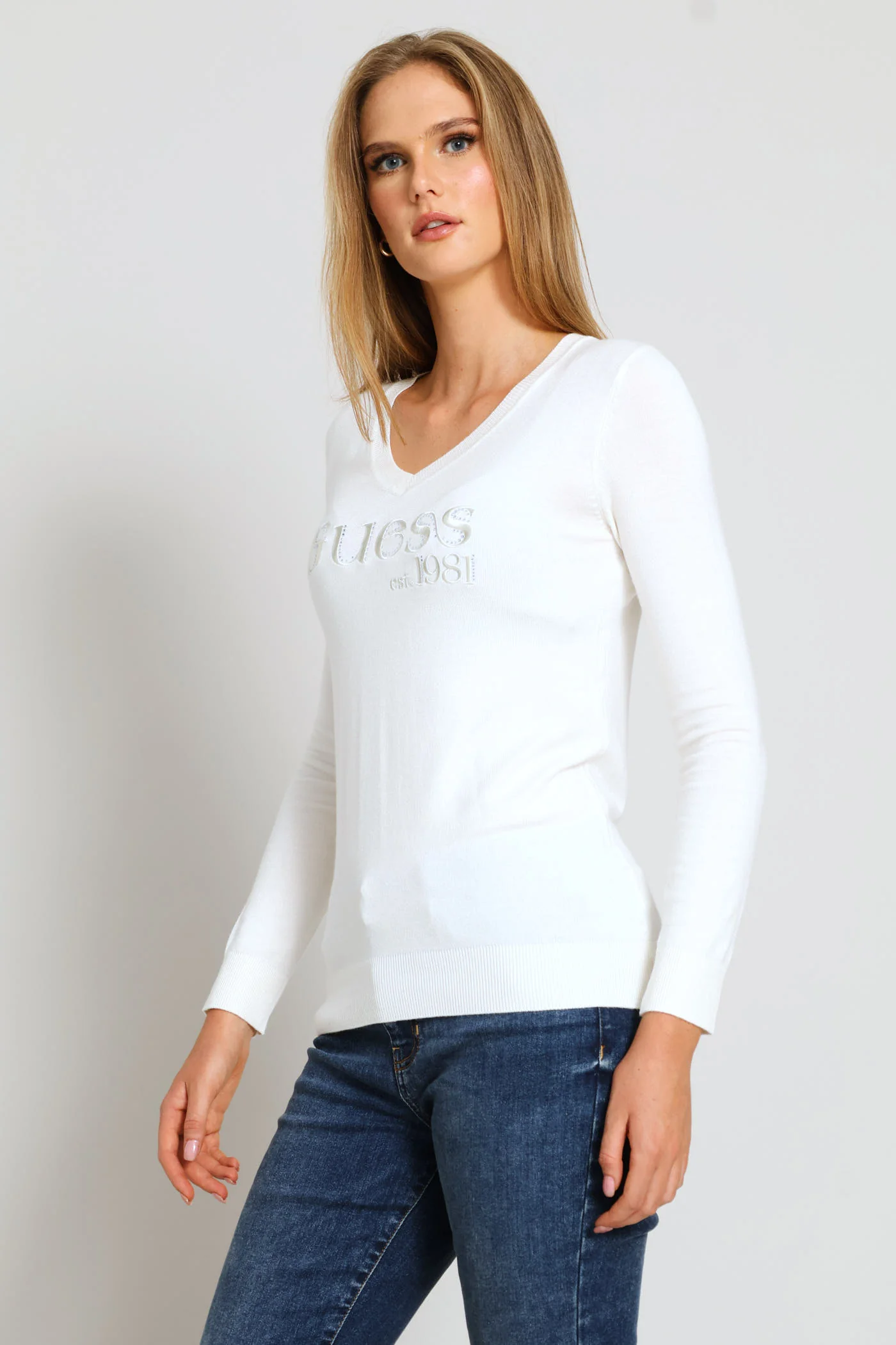 Long Sleeve V-Neck Saylor Logo Sweater Top - Cream - Image 4