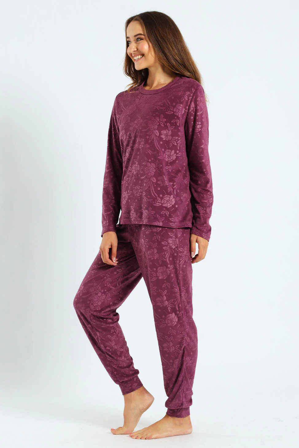 Long Sleeve Embossed Detail Velour Top & Pant Set - Image 3