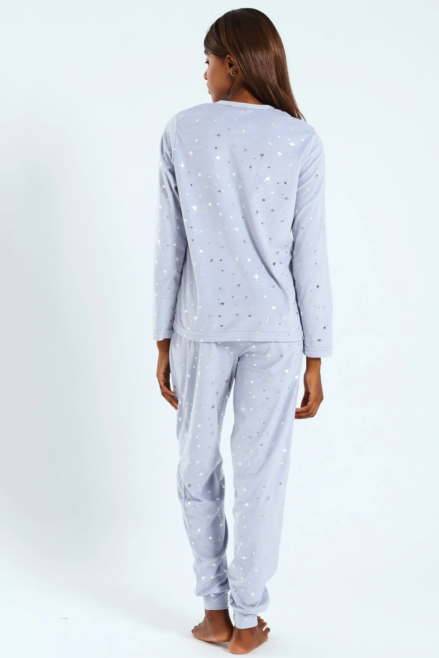 Long Sleeve Velour Embossed Star Top & Pants Set - Light Blue - Image 3