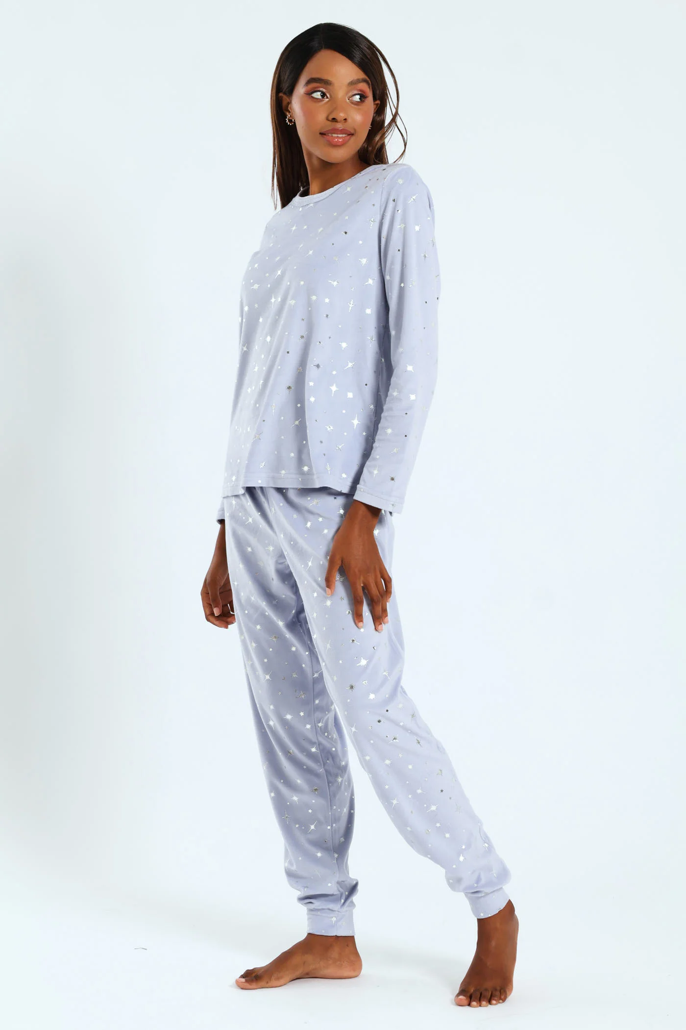 Long Sleeve Velour Embossed Star Top & Pants Set - Light Blue - Image 4