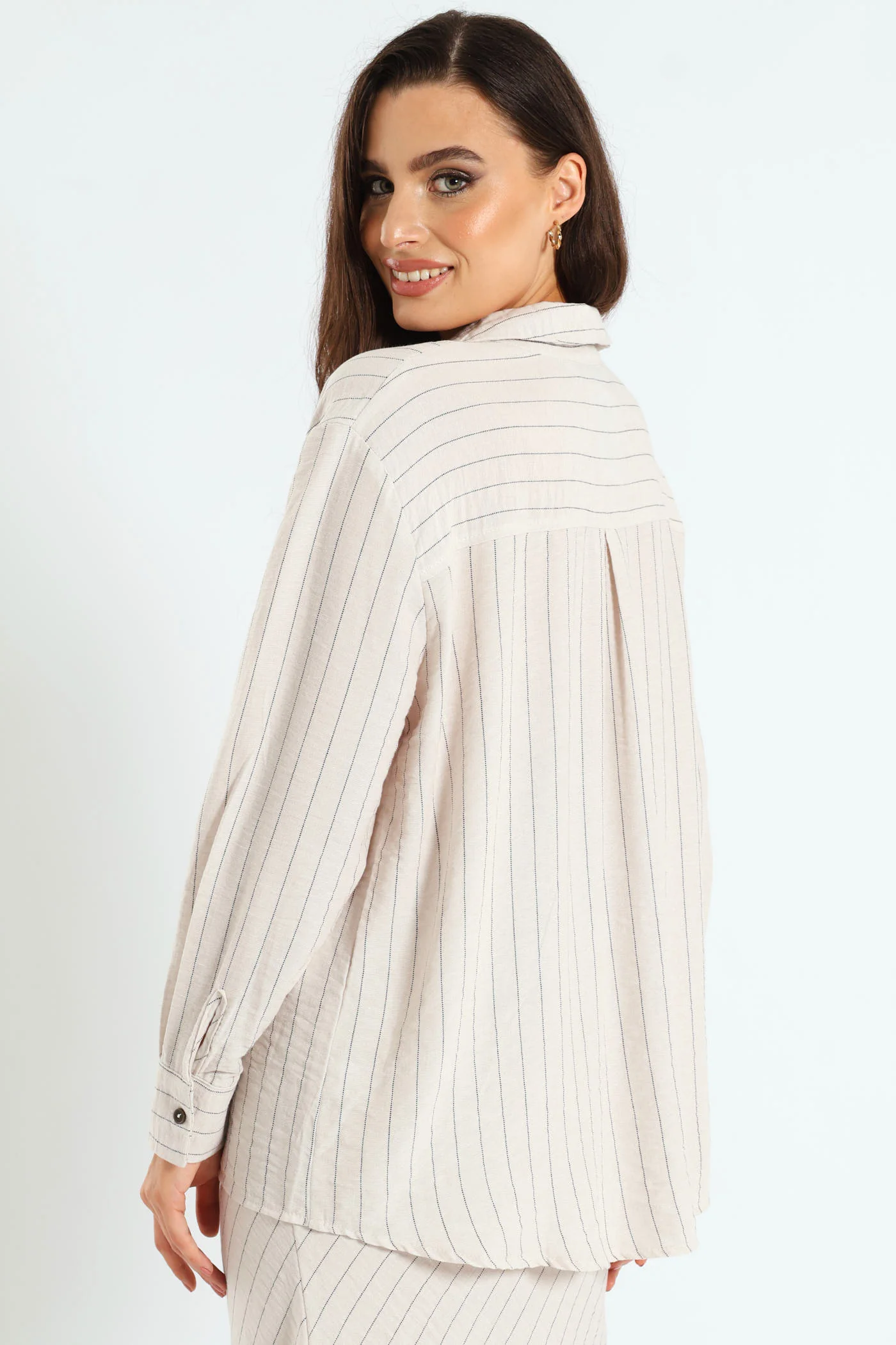 Long Sleeve Vertical Stripe Linen Shirt - Cream/Black - Image 2