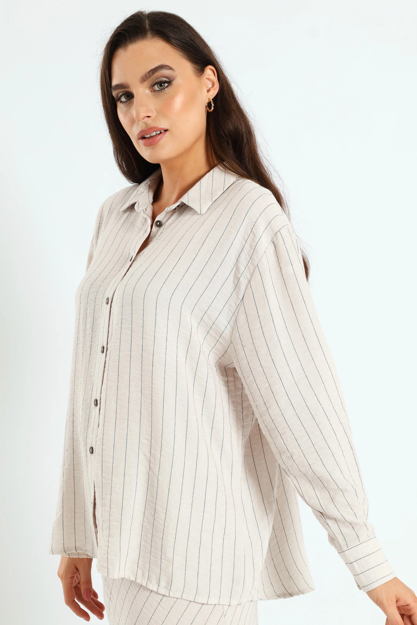 Long Sleeve Vertical Stripe Linen Shirt - Cream/Black - Image 4