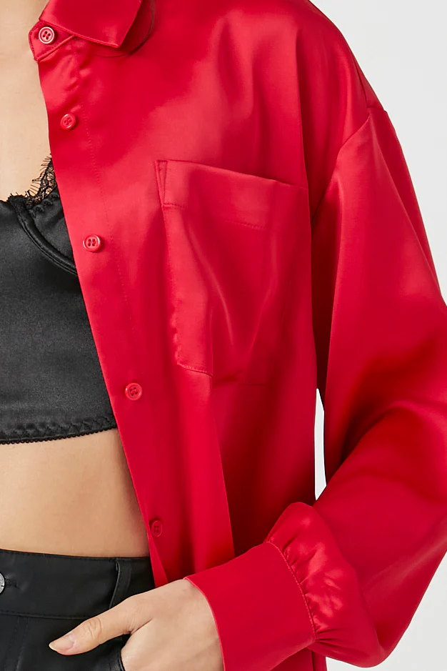 Long Sleeve Woven Button Down Top - Red - Image 2