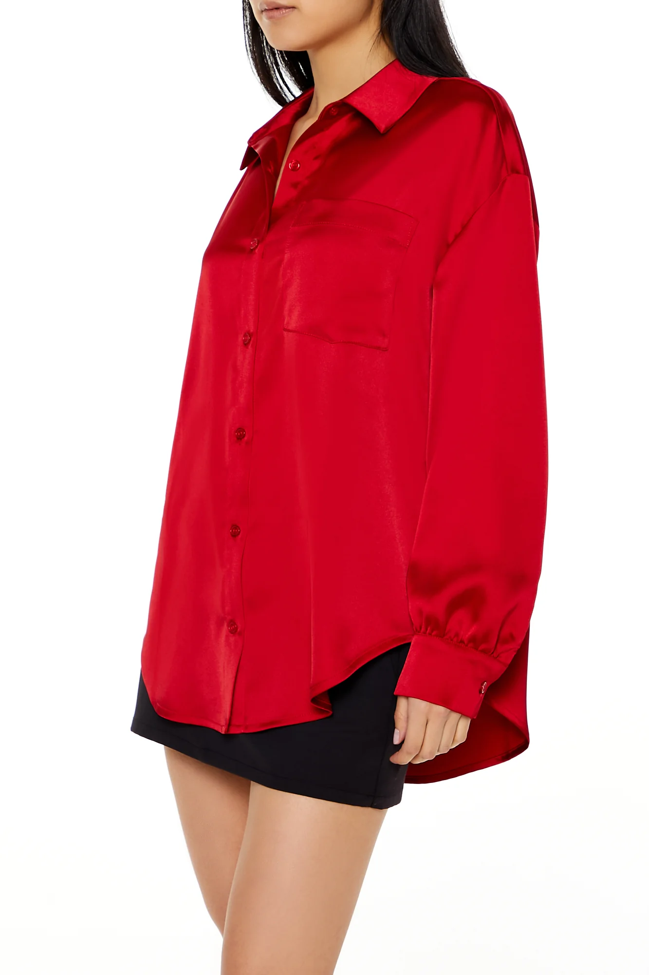 Long Sleeve Woven Button Down Top - Red - Image 4