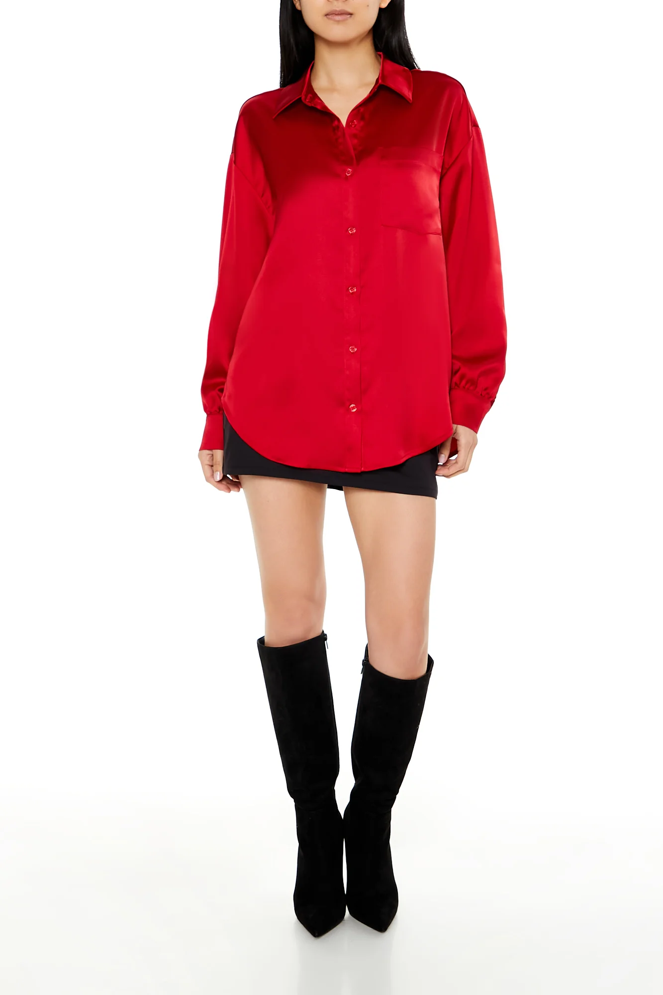 Long Sleeve Woven Button Down Top - Red - Image 6