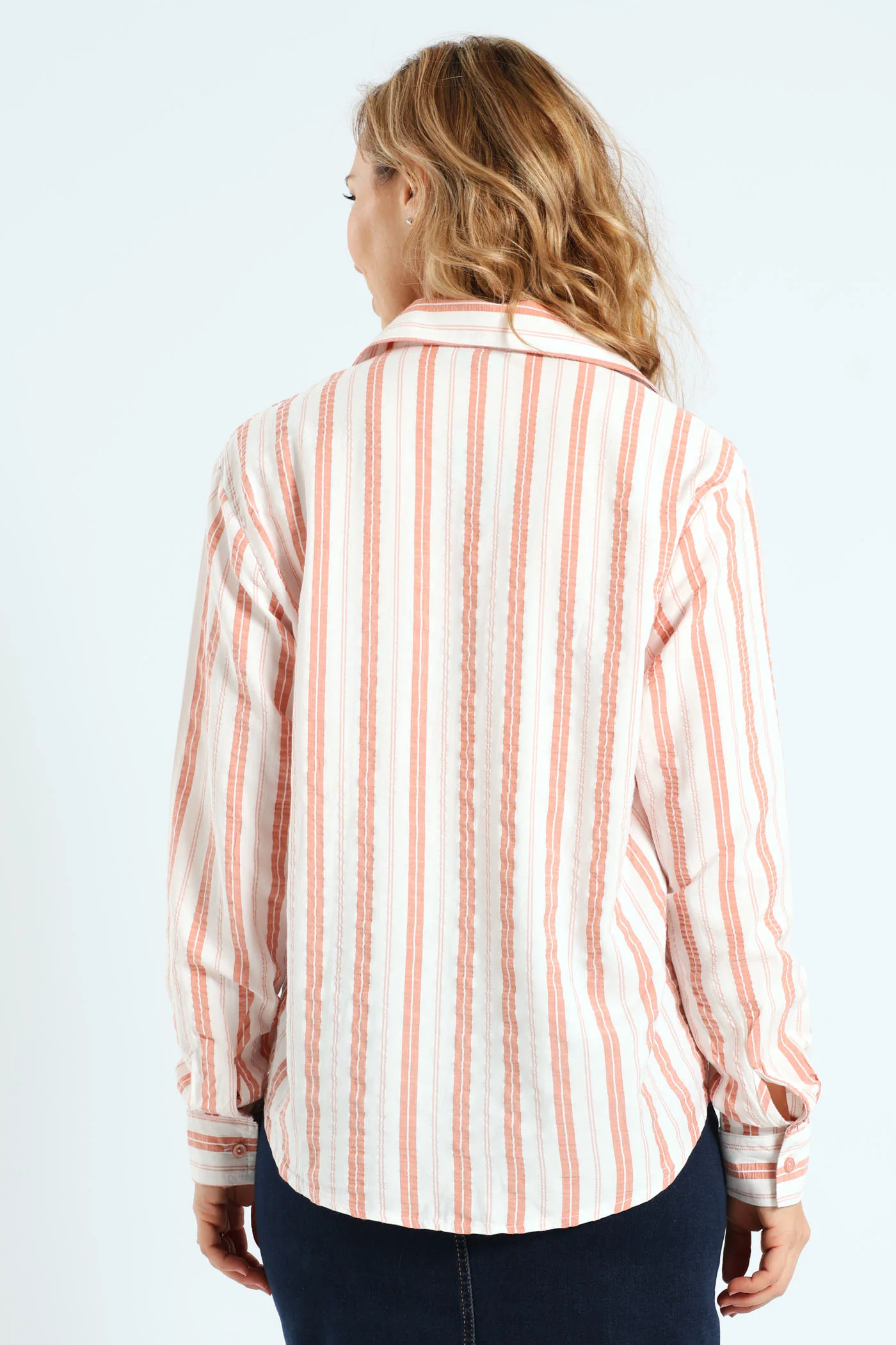 Long Sleeve Yarn Dye Stripe Seersucker Oversized Shirt - White/Blush - Image 4