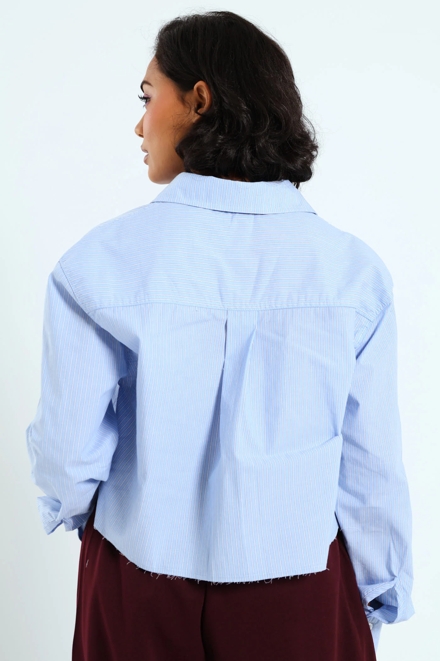 Long Sleeve Yarn Dyed Crop Shirt - Blue - Image 3