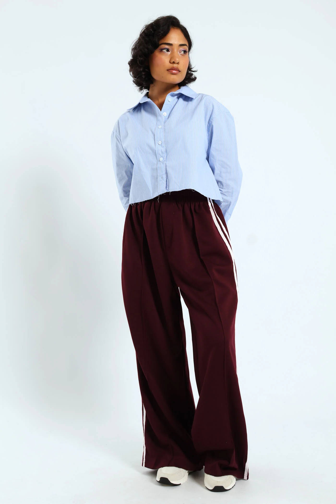 Long Sleeve Yarn Dyed Crop Shirt - Blue - Image 5